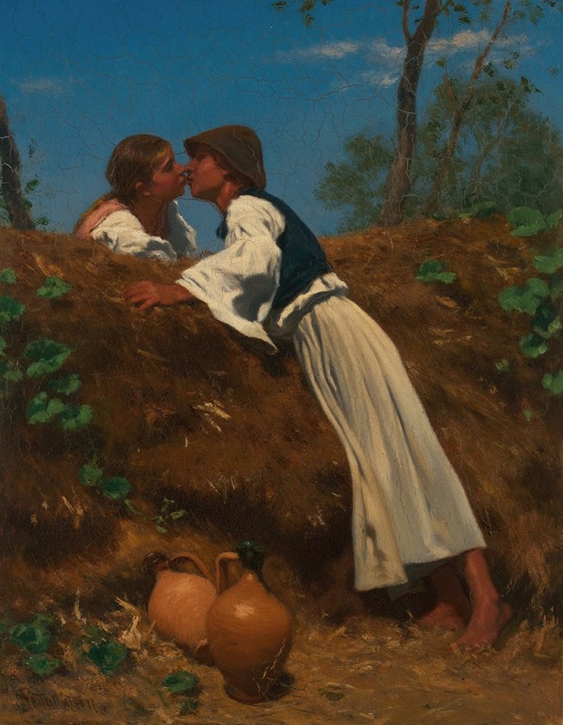 A romantic scene depicting a couple in an intimate embrace.