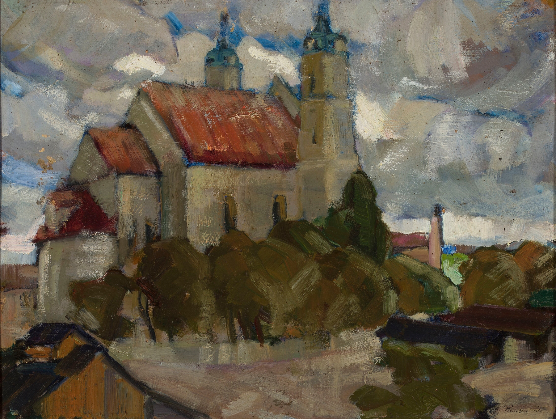 Church among Trees by Michał Rouba, oil on canvas depicting a church surrounded by trees and sunlight.