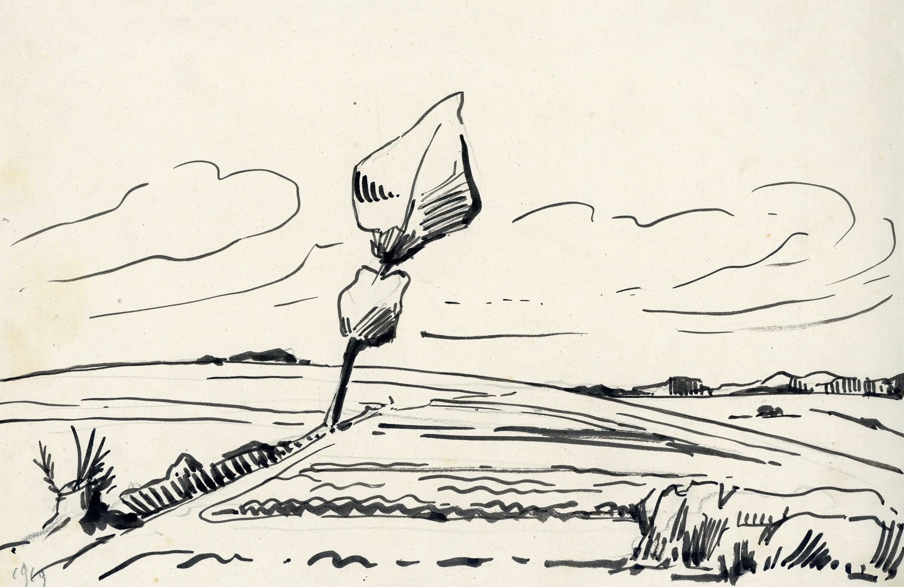 Landschap in inkt by Albert Daenens, ink on paper depicting a landscape with hills and a fading horizon.