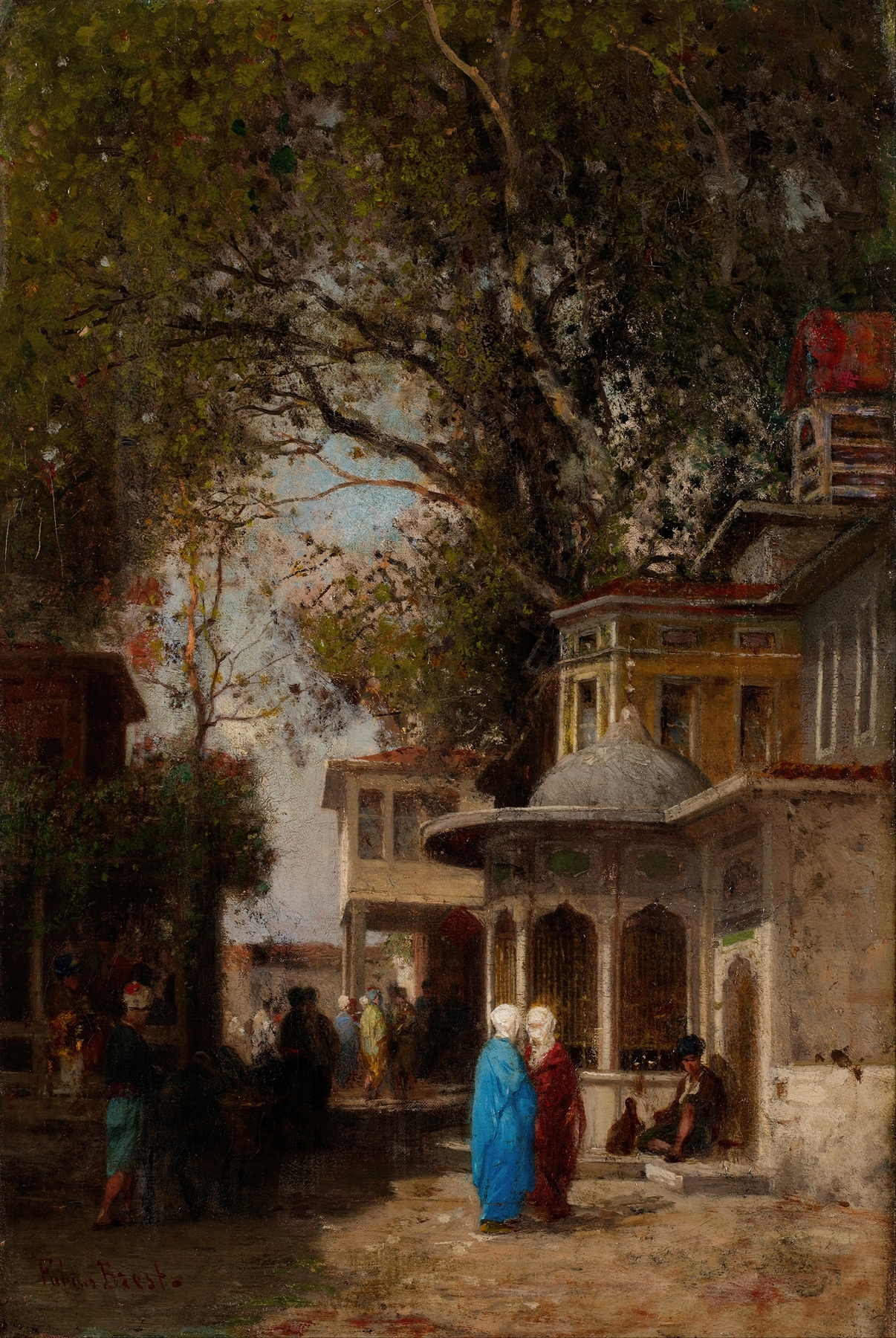 The Street by Germain Fabius Brest, oil on canvas depicting figures on cobblestones with sunlight and shadows.