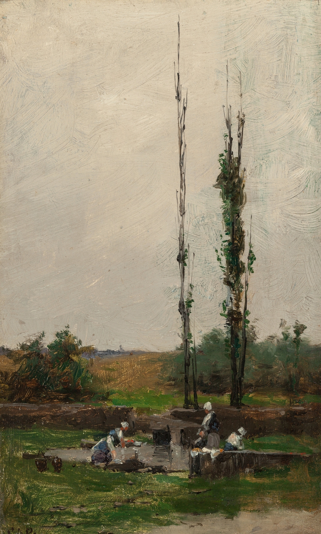 Laundry Day by Charles Adams Platt, oil on canvas, depicting clothes hanging against a blue sky.