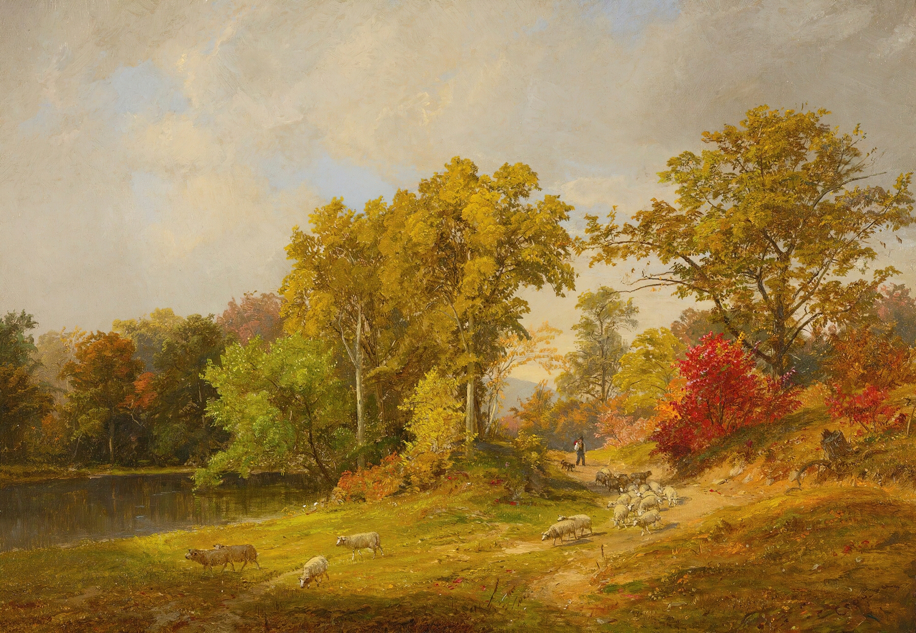 Autumn landscape with shepherd, dog, and sheep, oil painting by Jasper Francis Cropsey
