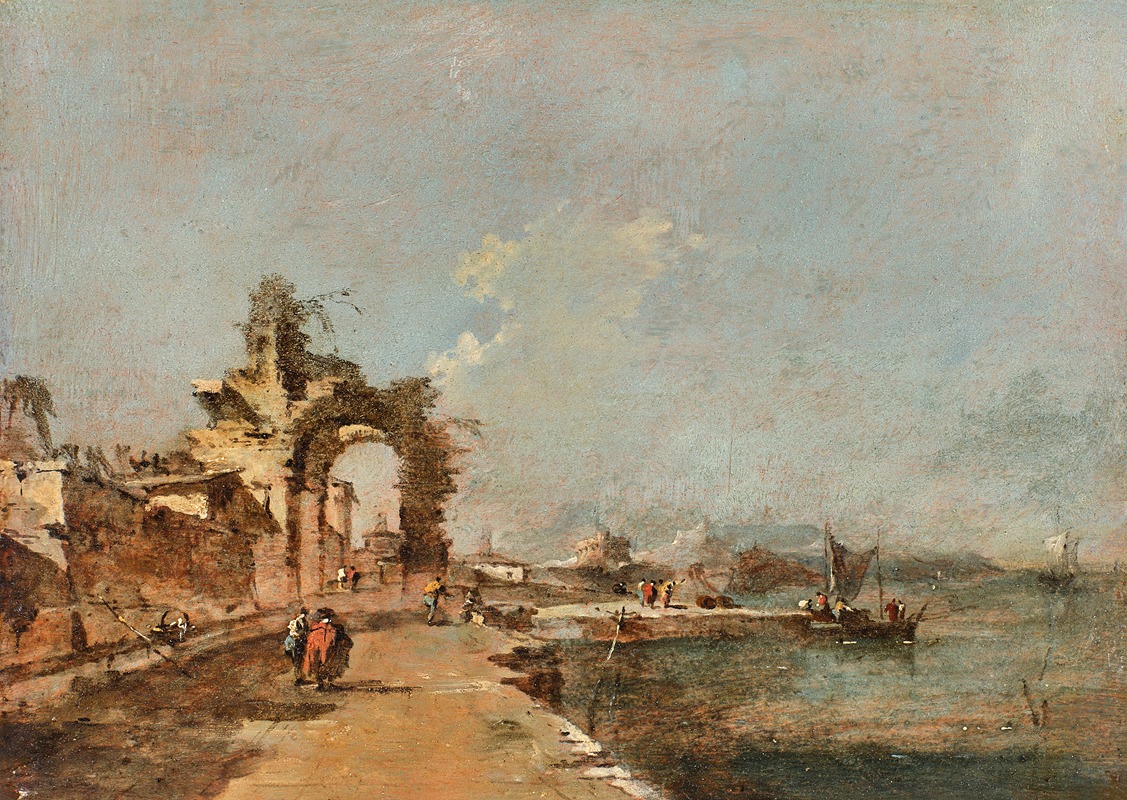 Francesco Guardi's painting depicts a serene lagoon scene with figures and a ruined arch.