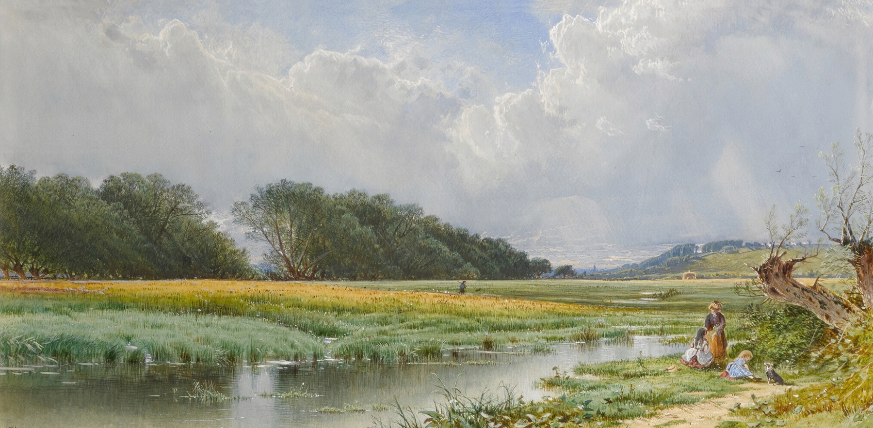 Oil painting by Alfred Thompson Bricher featuring rolling hills and a sunset.