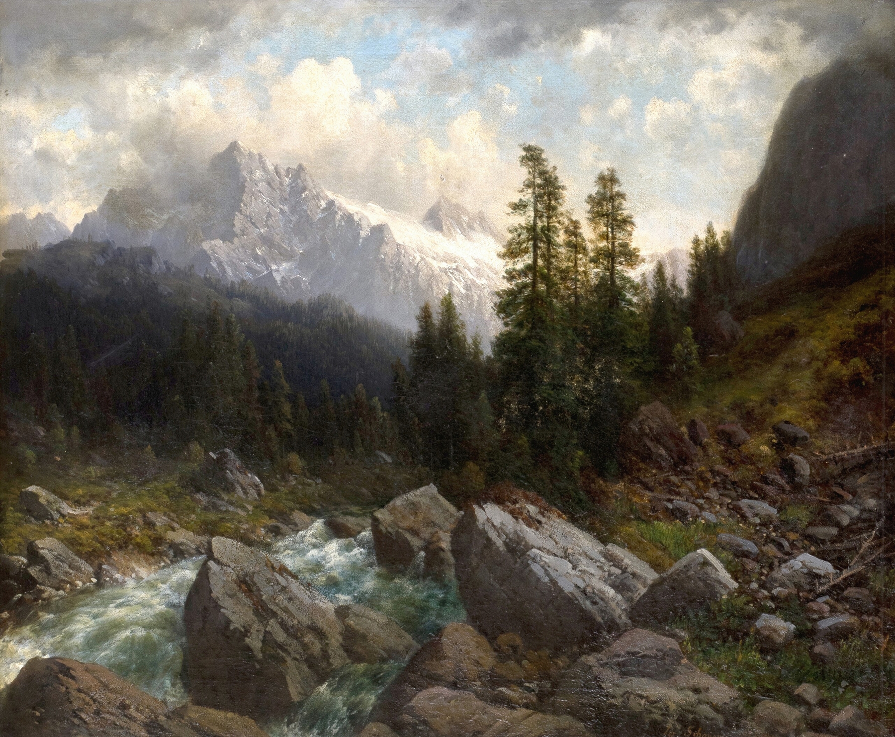 Gewitterstimmung in den Berner Alpen by Joseph Schoyerer, oil painting depicting a stormy mountain landscape