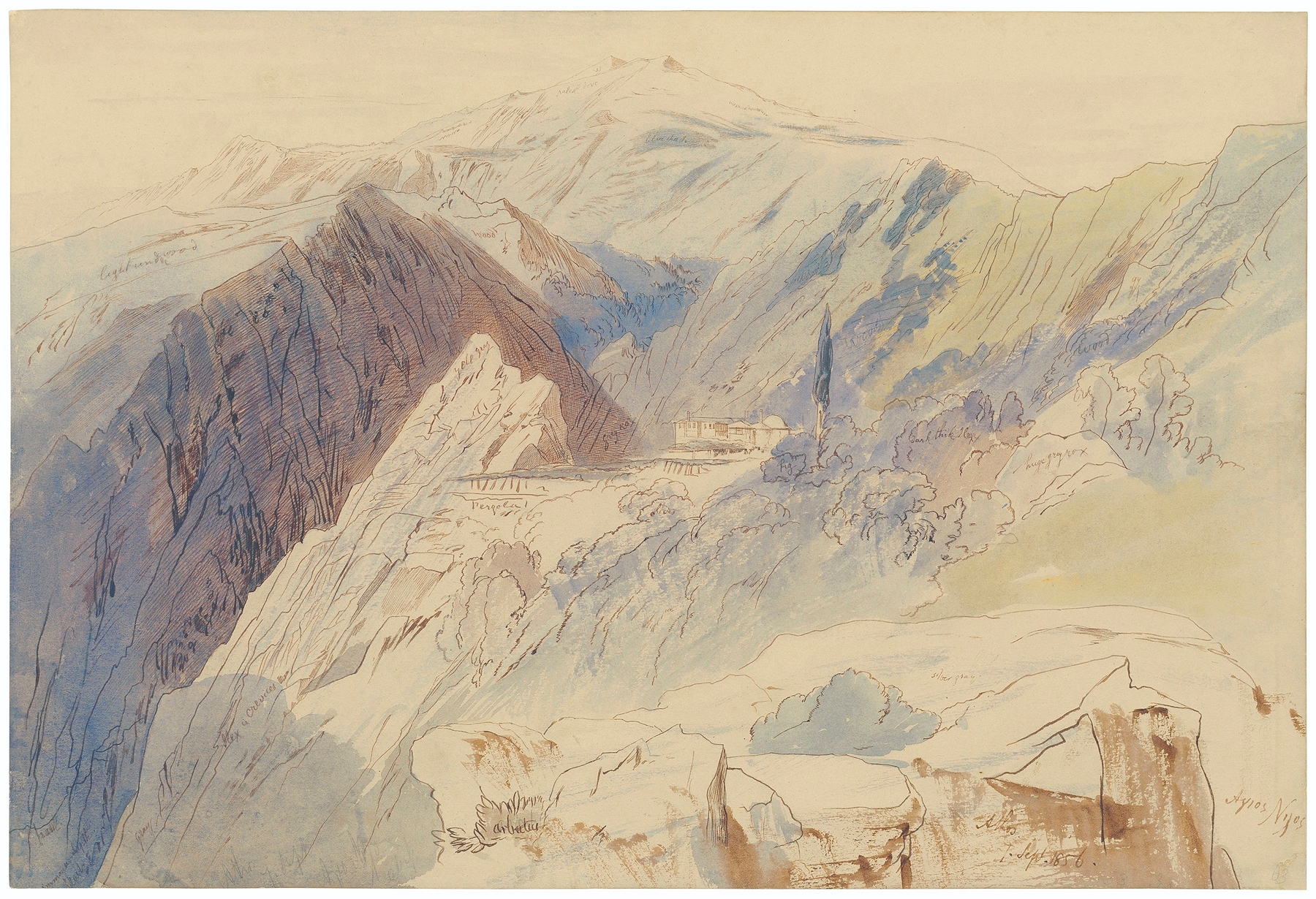 The Monastery of St Nilus, Mount Athos, by Edward Lear, public domain