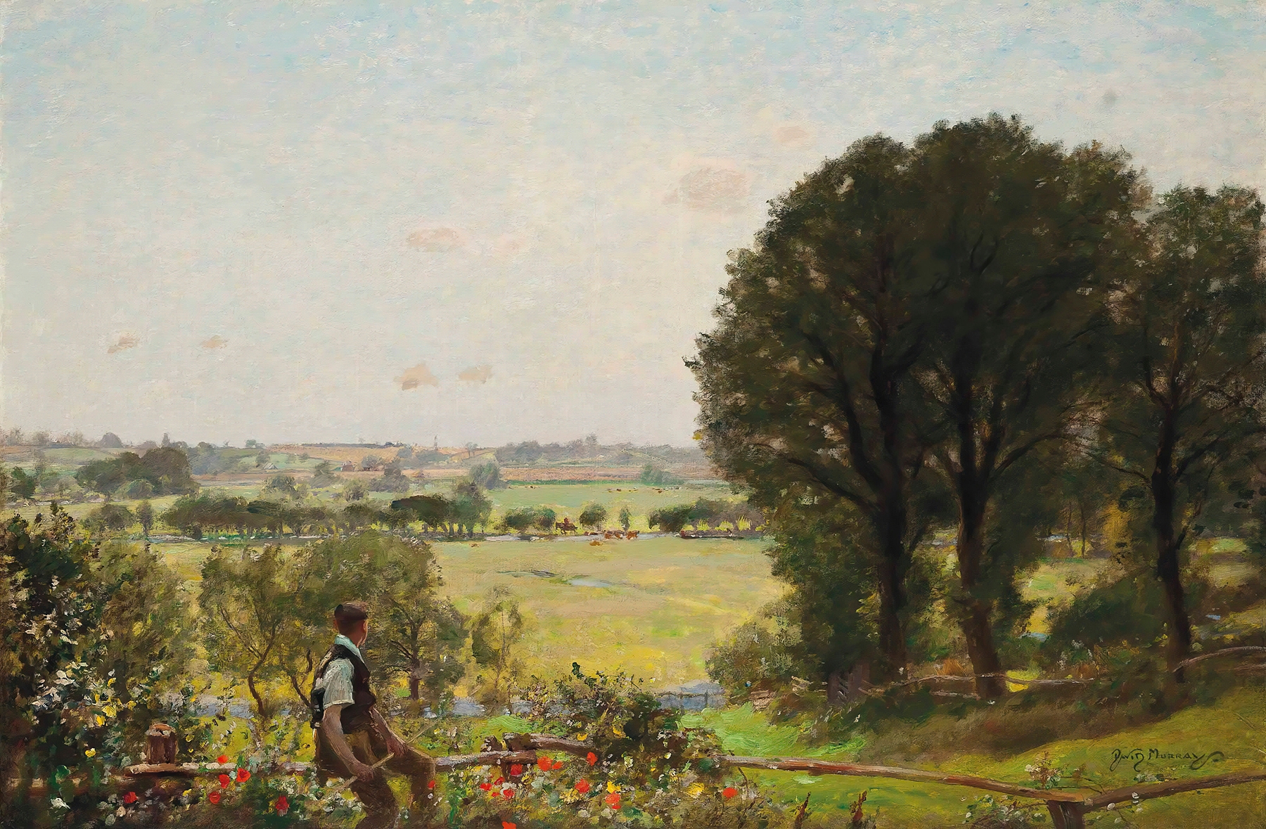The Heat Of The Day, Flatford by Sir David Murray, oil on canvas showing light and shadow in nature.