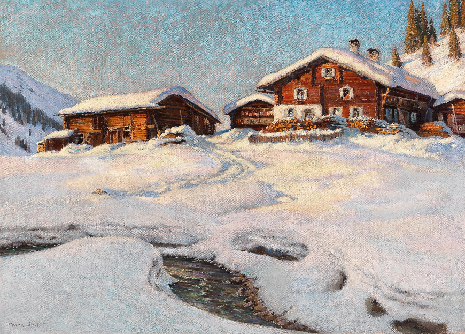 Winter landscape near Davos, oil on canvas by Franz Holper, featuring snow-covered mountains and a tranquil valley.