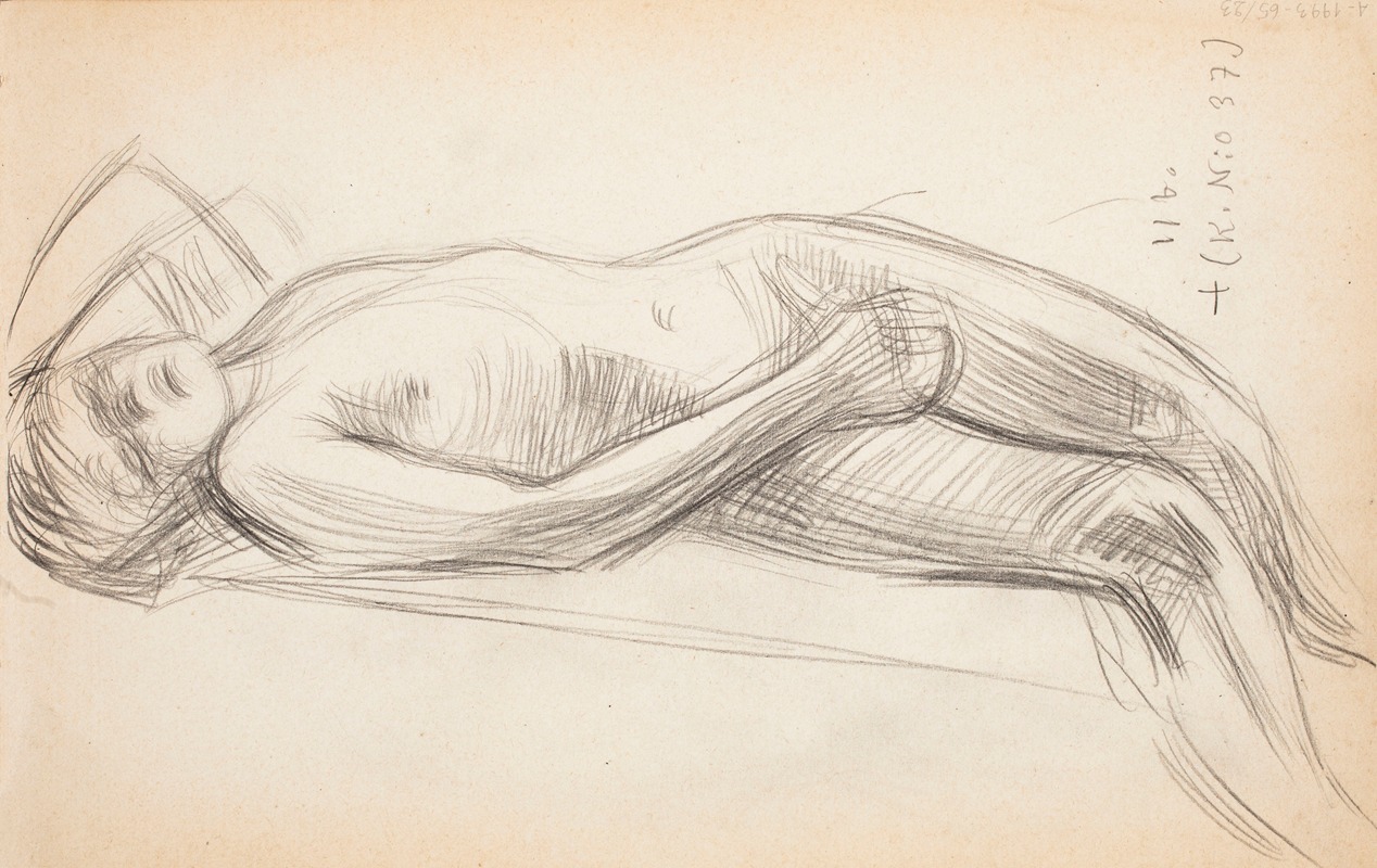 This painting depicts a nude figure in a serene setting.