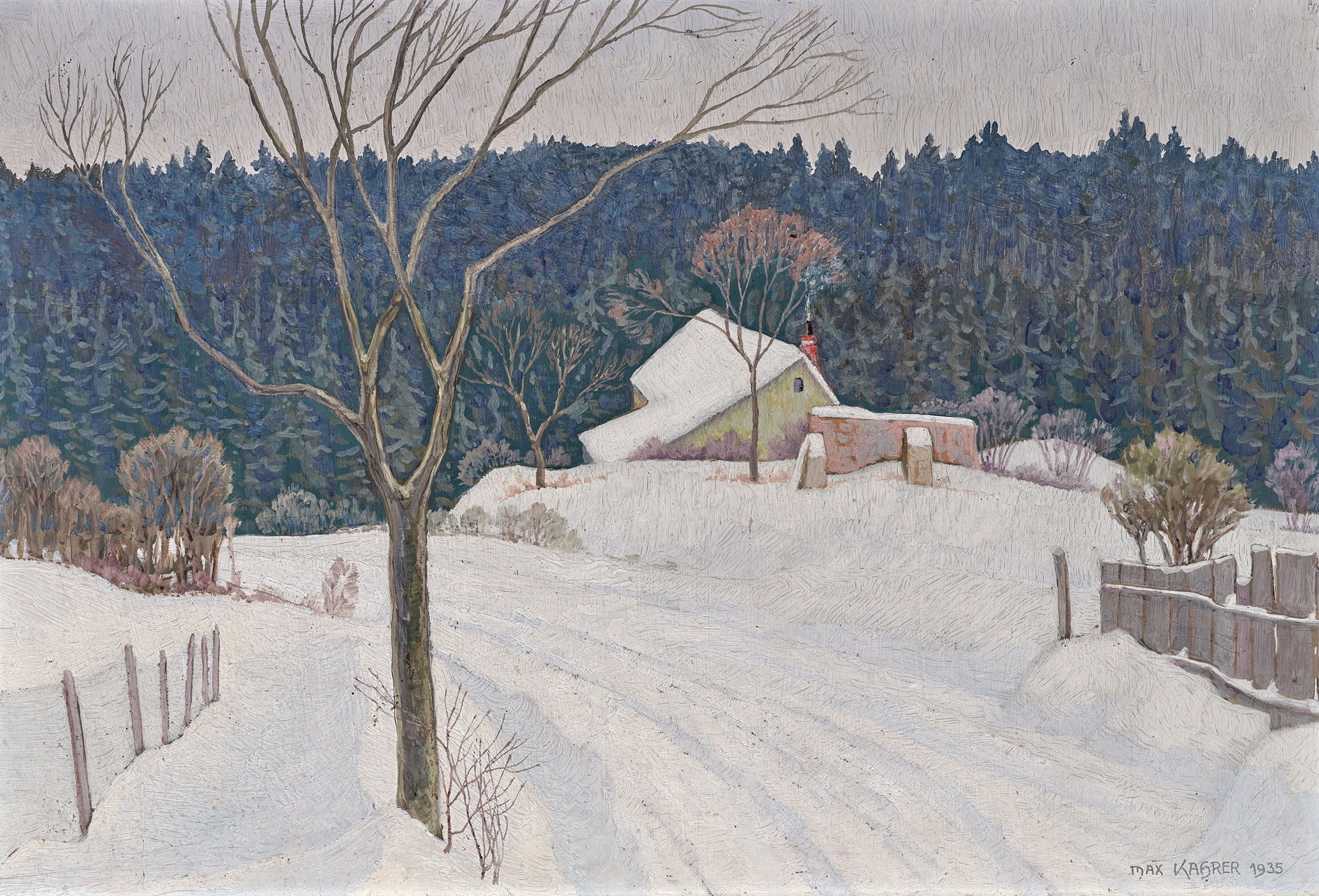 Winter landscape by Max Kahrer, oil on canvas, featuring a snowy path and trees.