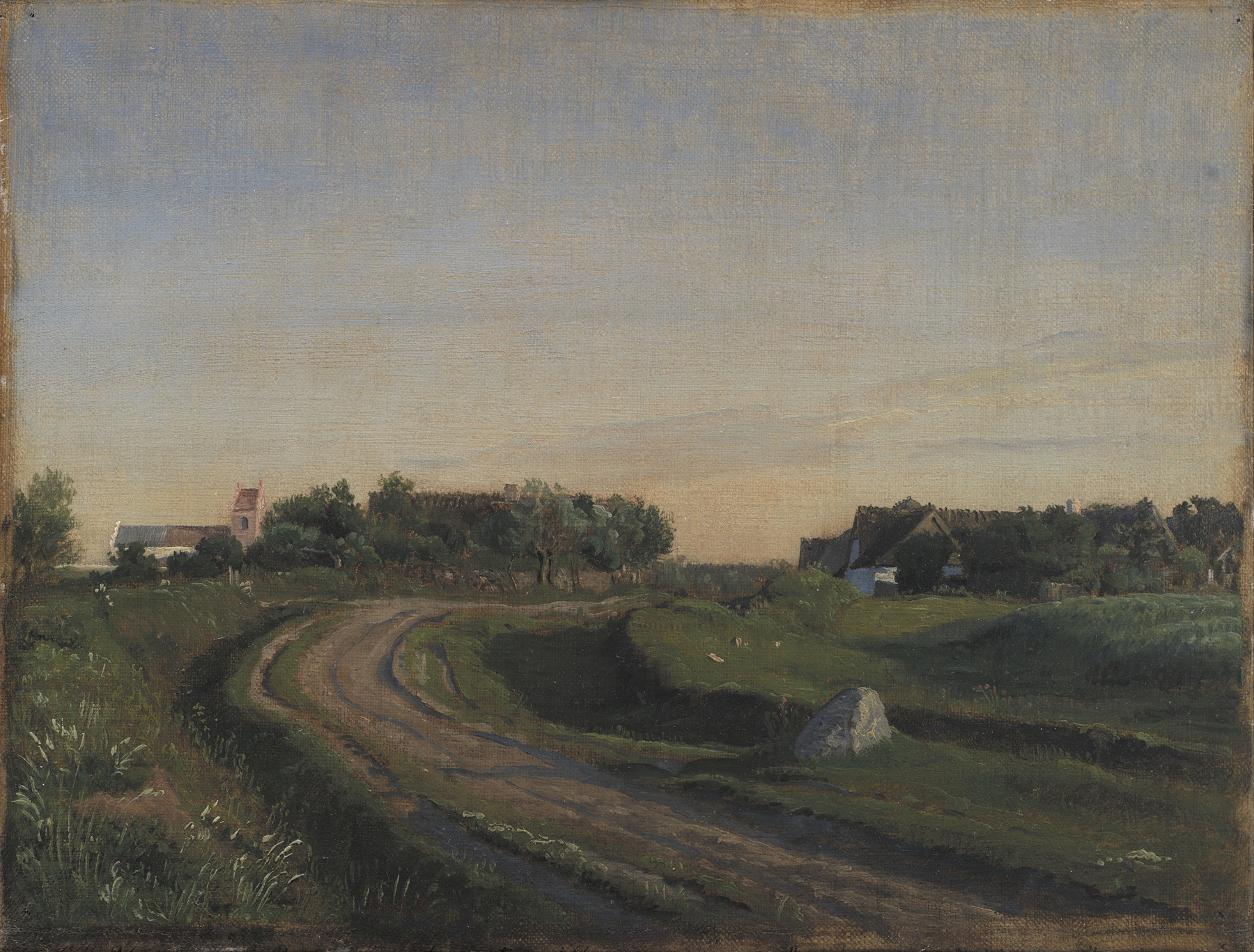 Landscape depicting evening light over Zealand with a church, by P. C. Skovgaard.