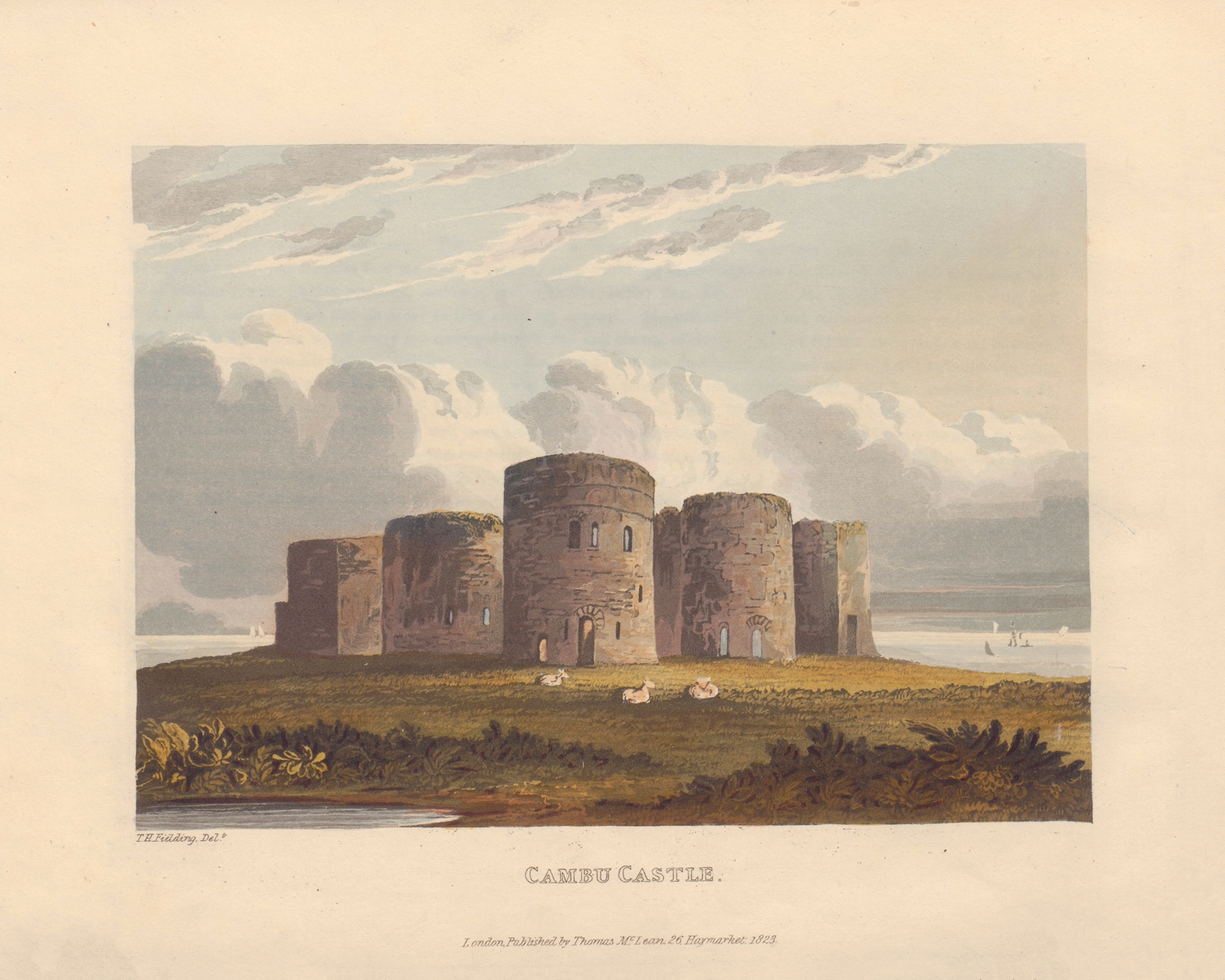 Cambu Castle by Theodore Henry Adolphus Fielding, oil on canvas, landscape with water and castle reflection