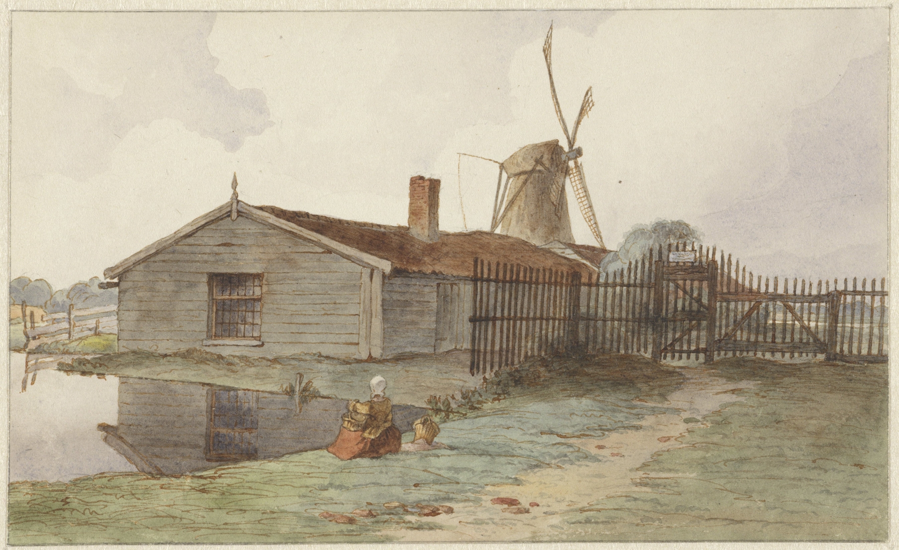 Molen met houten gebouwen bij Amsterdam, by Hendrik Abraham Klinkhamer, public domain