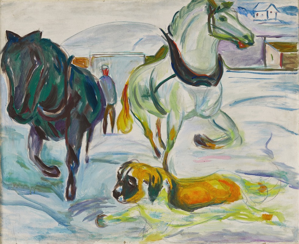 A painting depicting a horse team and a St. Bernhard in a snowy landscape.