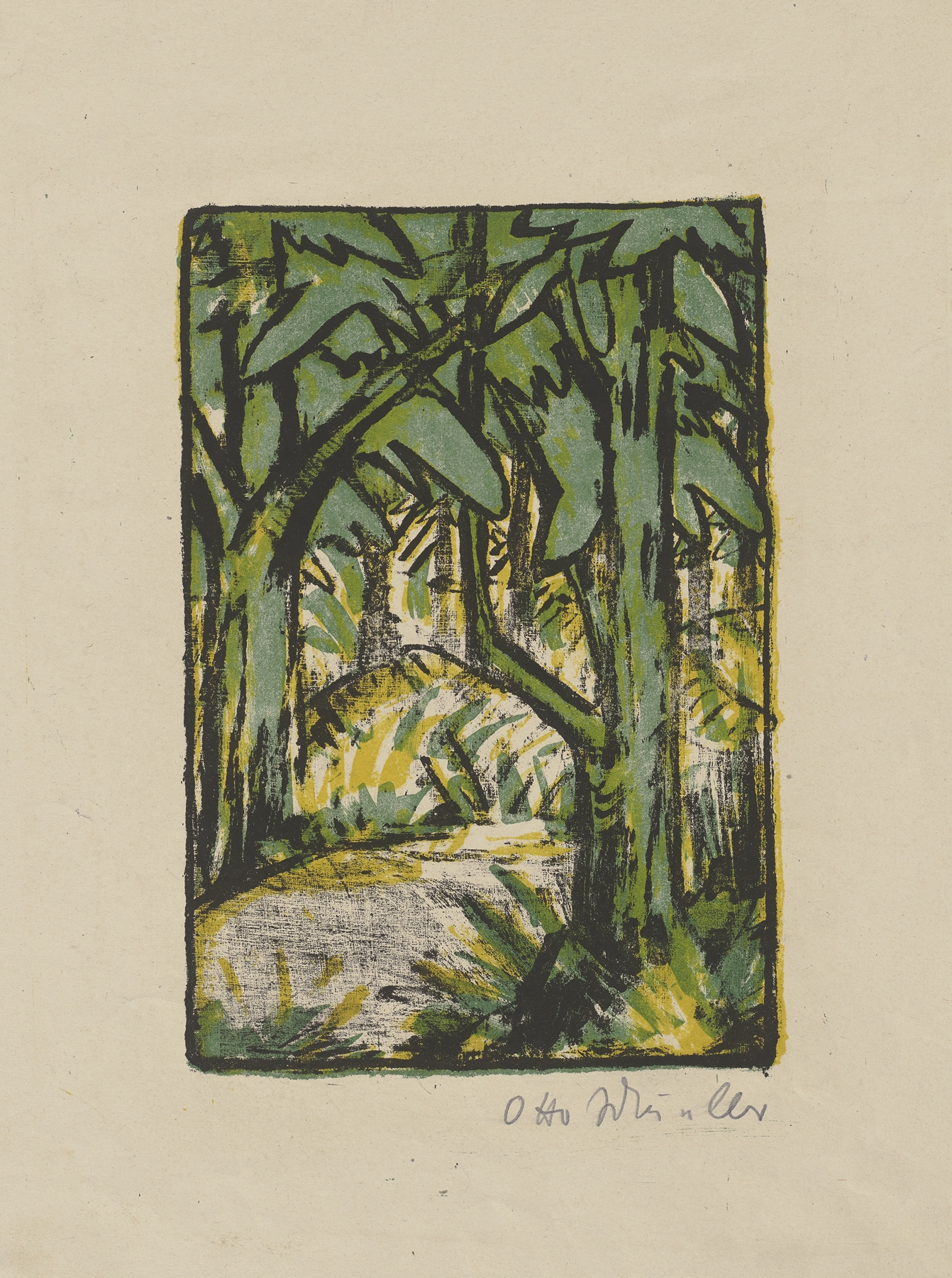 Waldlandschaft by Otto Mueller, expressionism, depicting a serene forest landscape with soft green gradients.