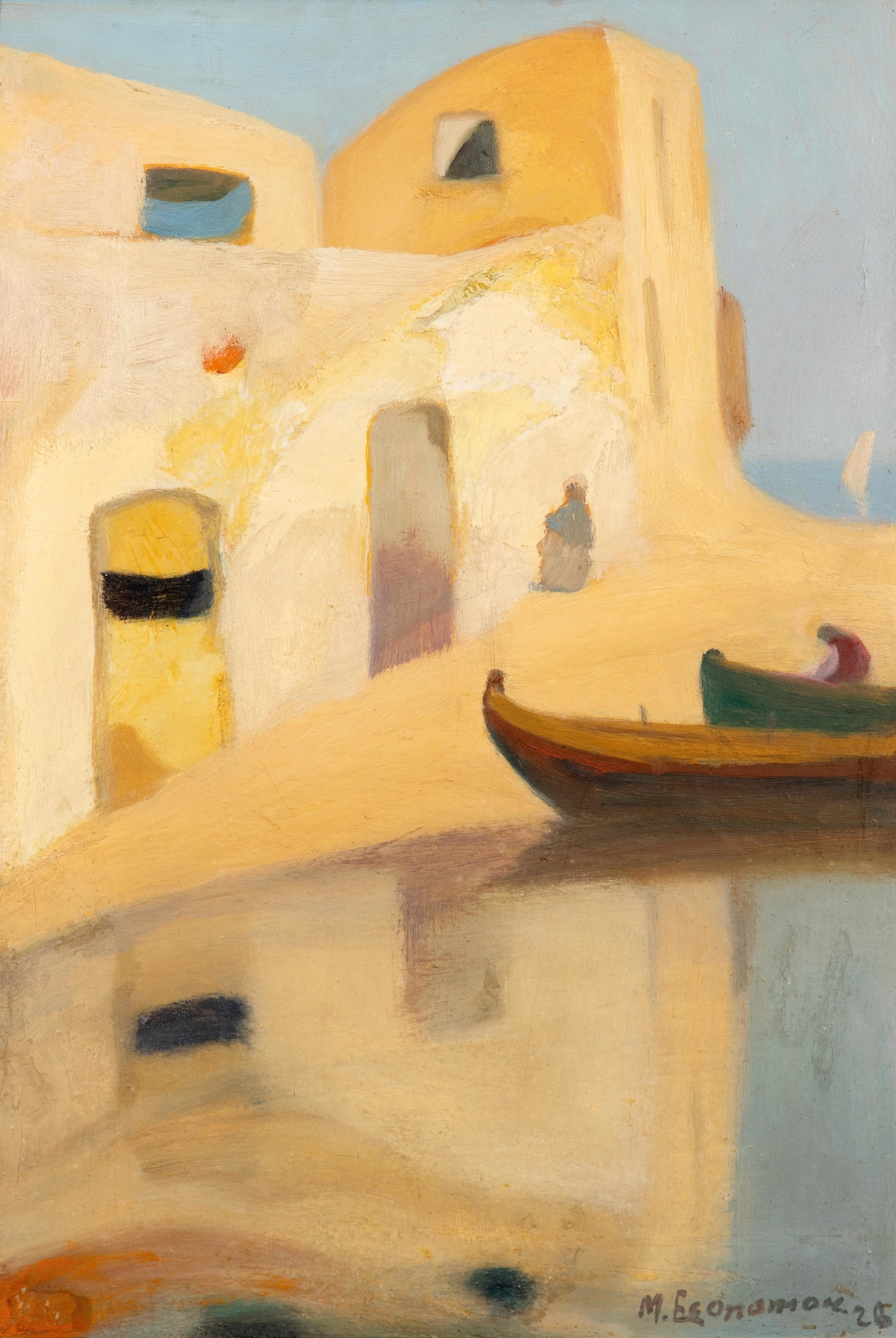 Landscape featuring rooftops and boats, oil painting by Michalis Oikonomou
