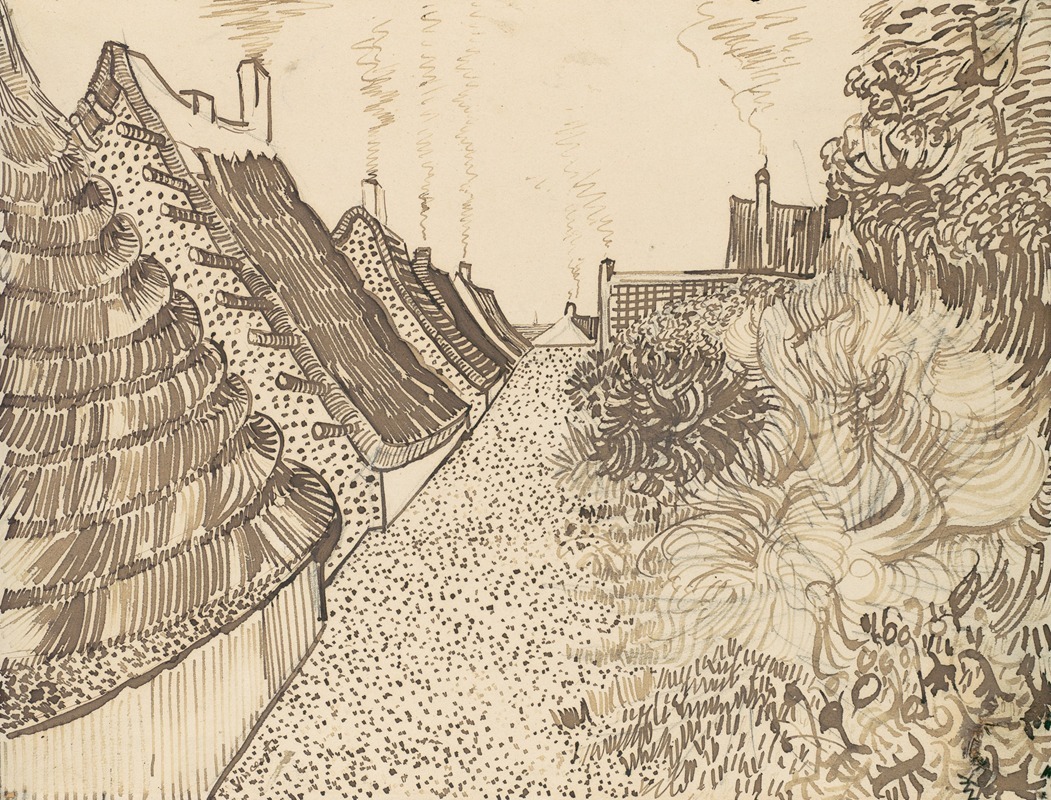 Vincent van Gogh's painting captures a vibrant street scene in Saintes-Maries-de-la-Mer.
