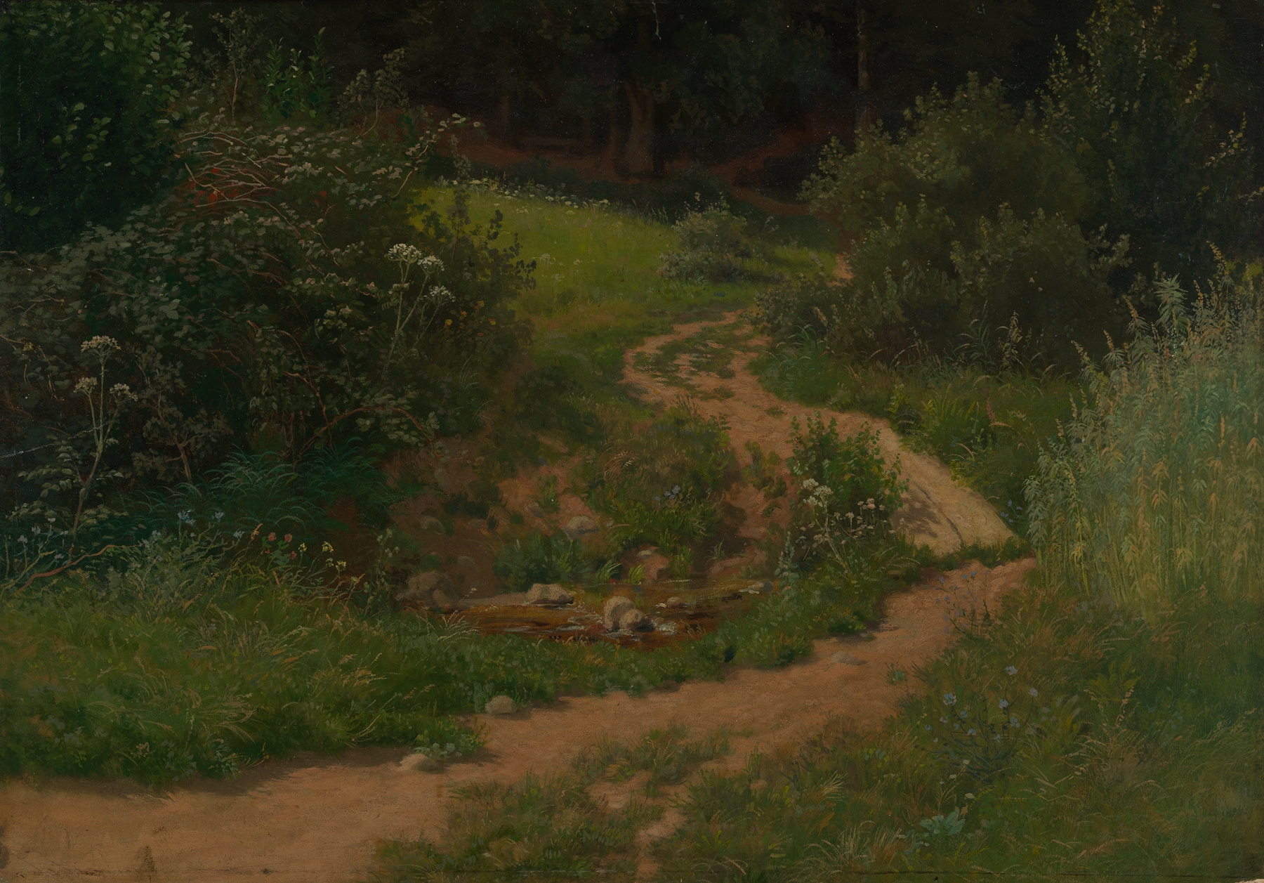 Landscape featuring a forest path and water pool, oil painting by Emil Lugo
