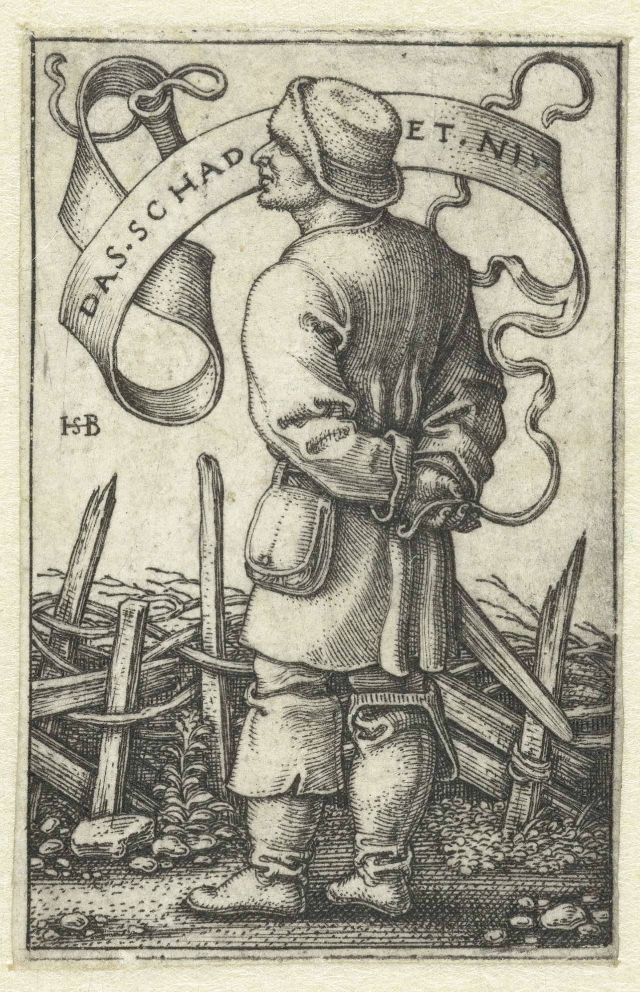 Engraving by Hans Sebald Beham depicting a farmer observing the sky.