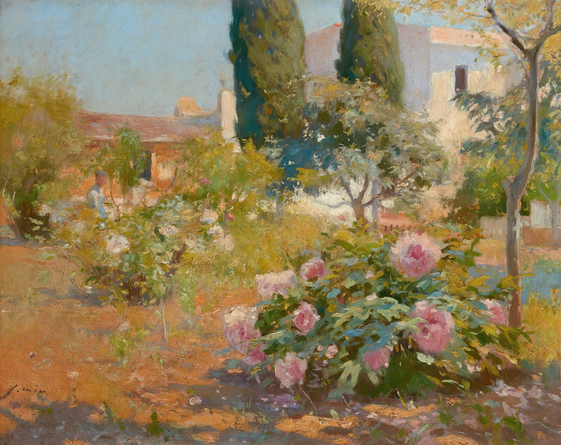Oil painting by Joaquin Mir Trinxet depicting a vibrant garden with colorful flowers