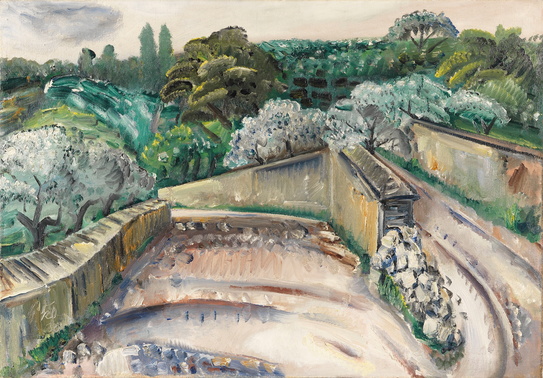 Landschaft in Südfrankreich by Paul Kleinschmidt, oil painting depicting a rainy landscape with hills.