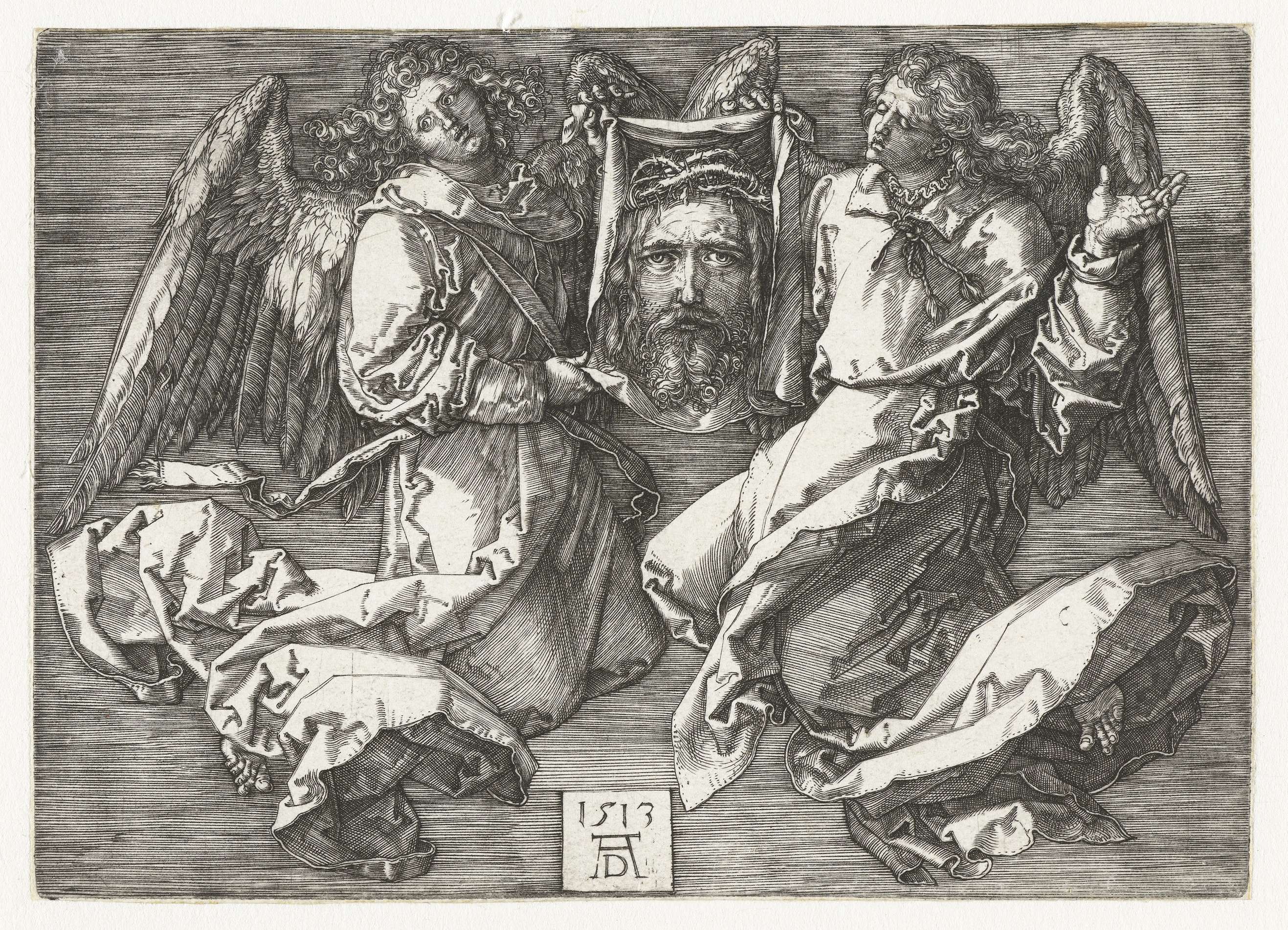 Engraving by Albrecht Dürer depicting two angels with a sweat cloth