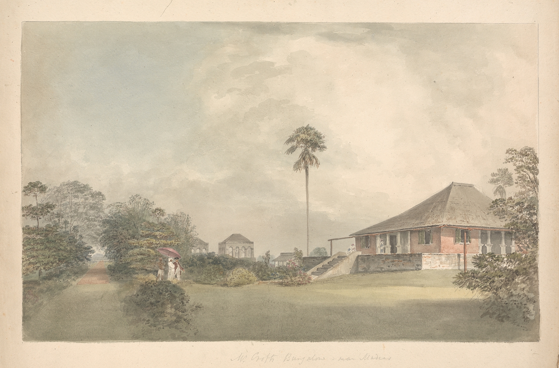 Oil painting by Samuel Davis depicting Mr. Croft’s bungalow near Madras surrounded by greenery.