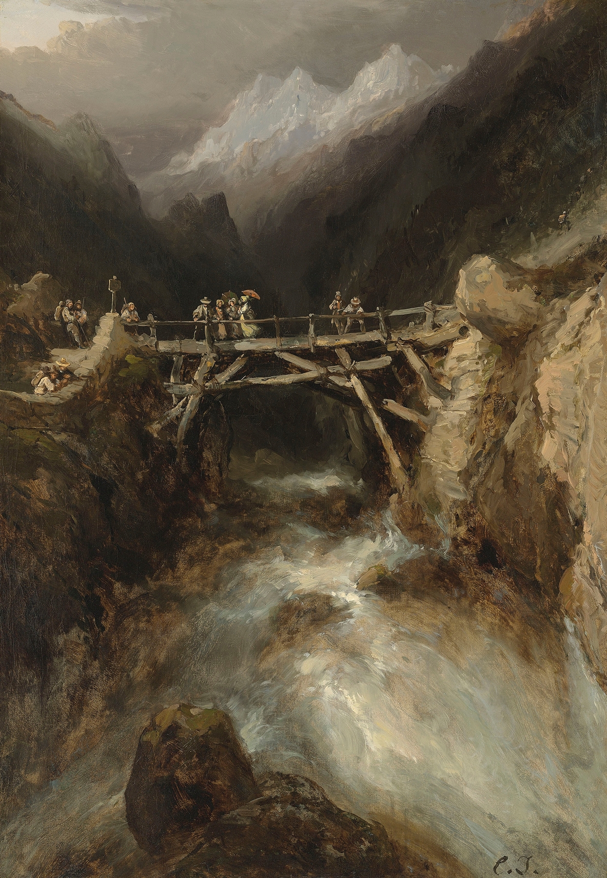 A bridge with travellers crossing a torrent in the Pyrenees, oil on canvas by Eugène Isabey