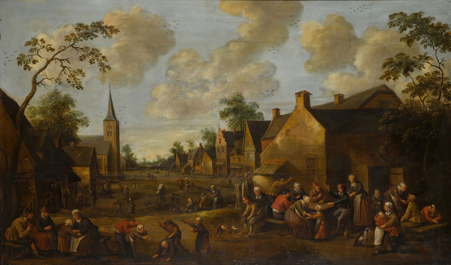 Genre scene with children playing in a village by Joost Cornelisz Droochsloot, oil painting.