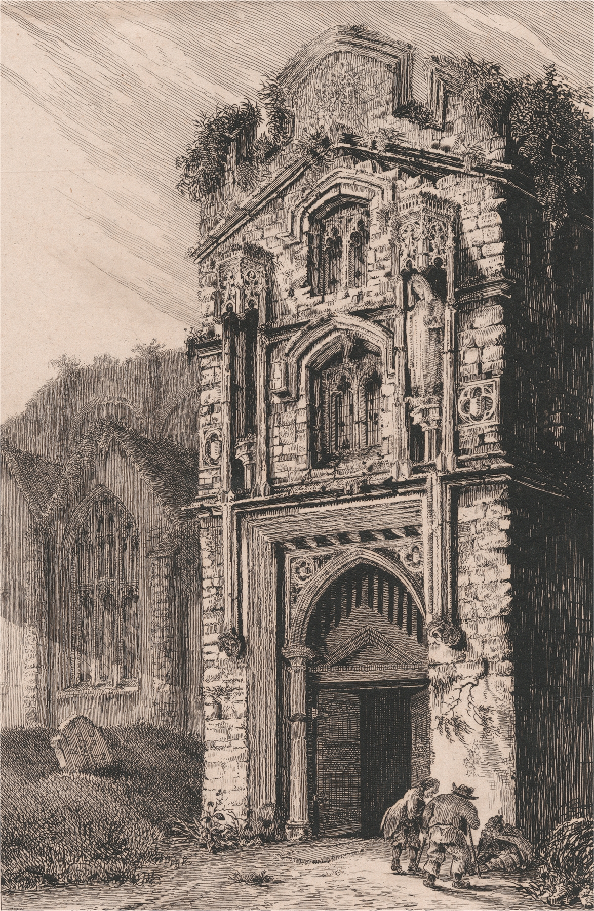 The North Porch of the Abbey by Edward Pryce Owen, Gothic architecture featuring arches and shadows.