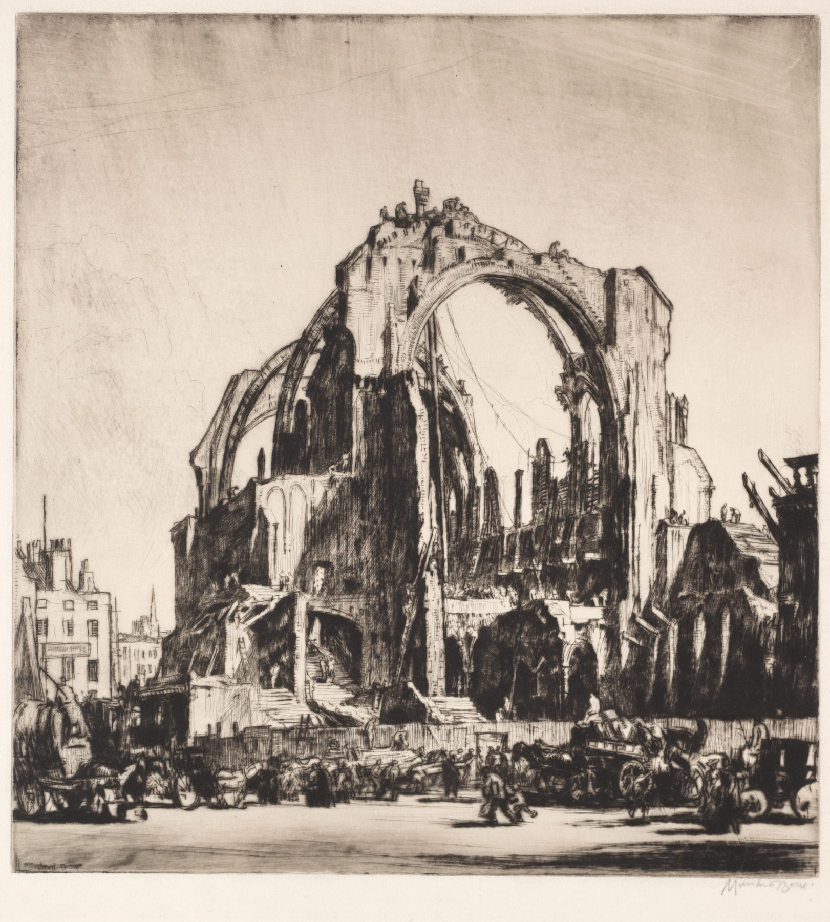 Demolition of St. James Hall, Exterior, by Muirhead Bone, public domain
