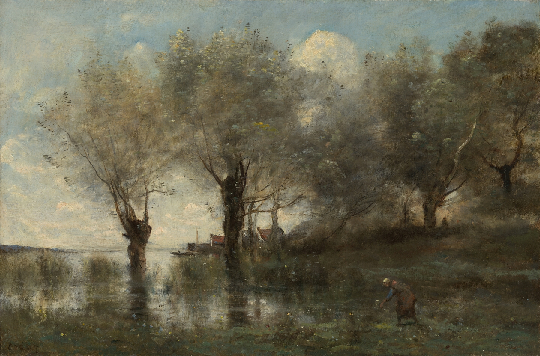 A Pond in Picardy by Jean-Baptiste-Camille Corot, oil on canvas depicting tranquil water and trees.