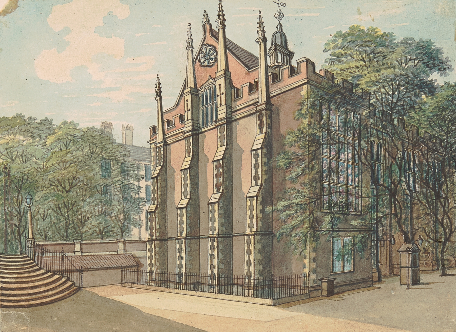 Southwest View of Middle Temple by Samuel Ireland, oil on canvas depicting architecture at sunset.