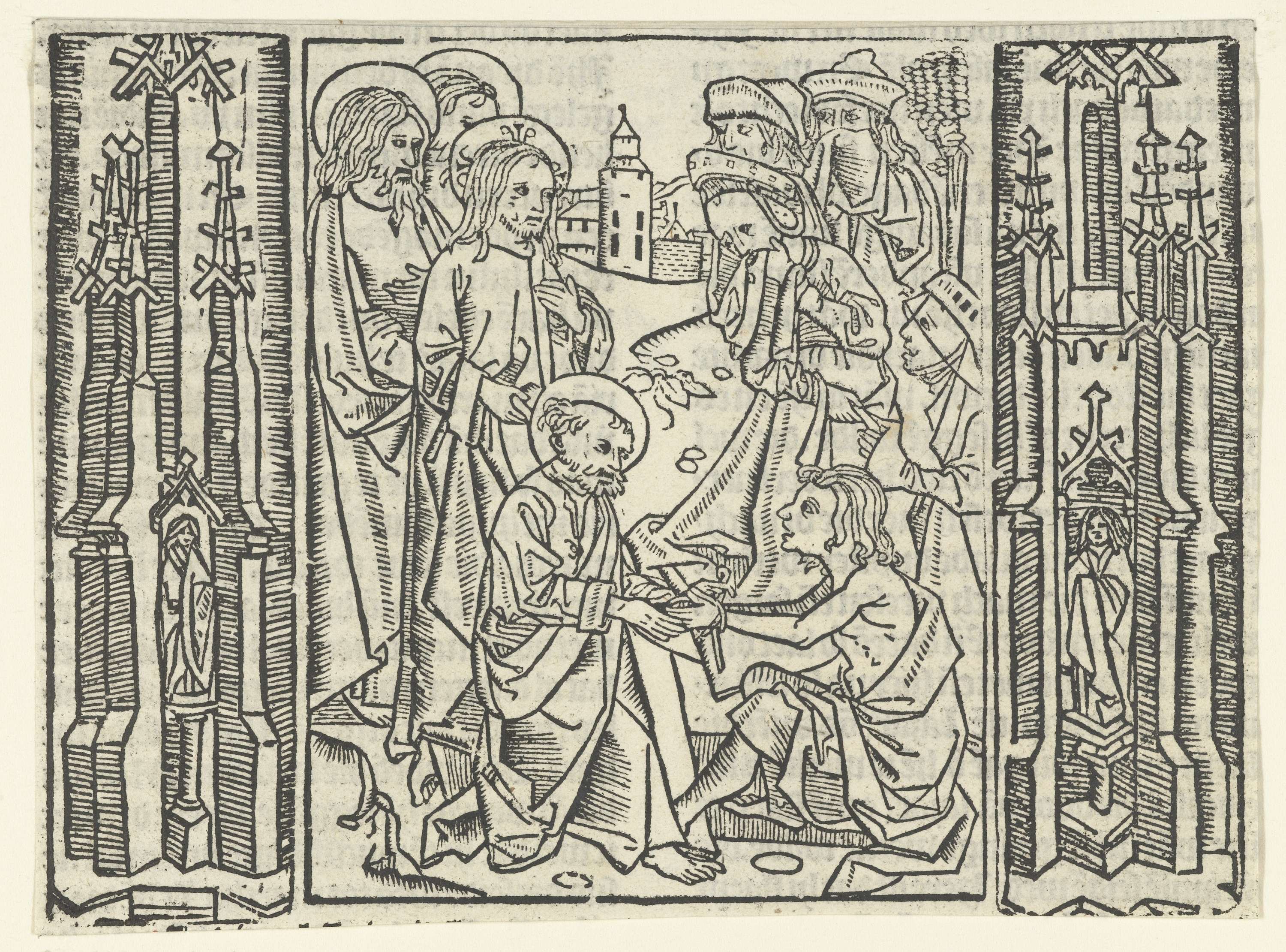 De opwekking van Lazarus by Master of Delft, paper medium, depicting Lazarus in a shroud with reaching hands.