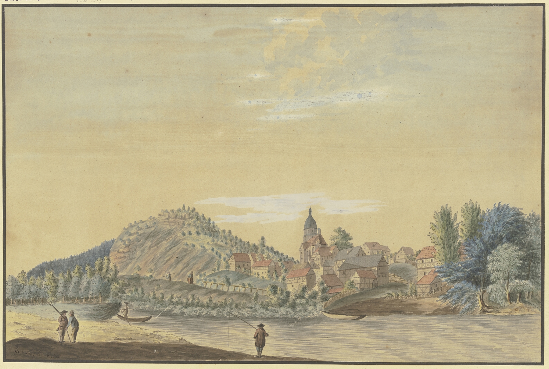 Landscape featuring a church, river, and figures by Caspar Schneider, oil painting