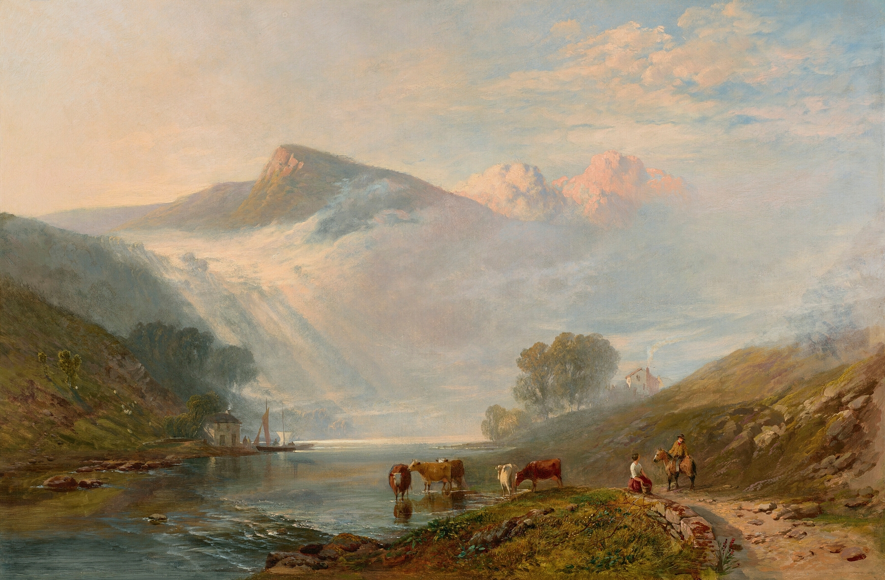 Early Morning on the Wye by George Vicat Cole, oil painting depicting a tranquil river at dawn