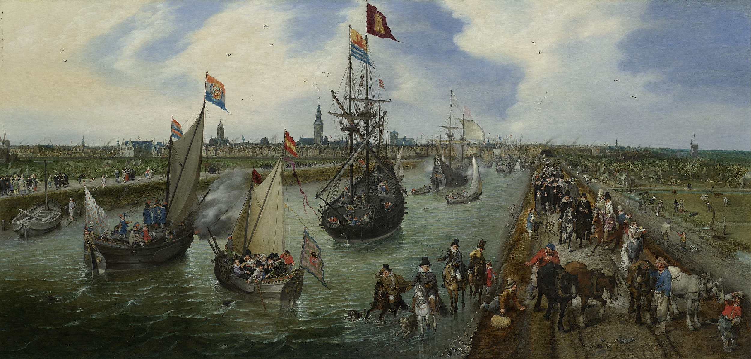 Historical scene of a dignitary's departure, oil on panel by Adriaen Pietersz van de Venne
