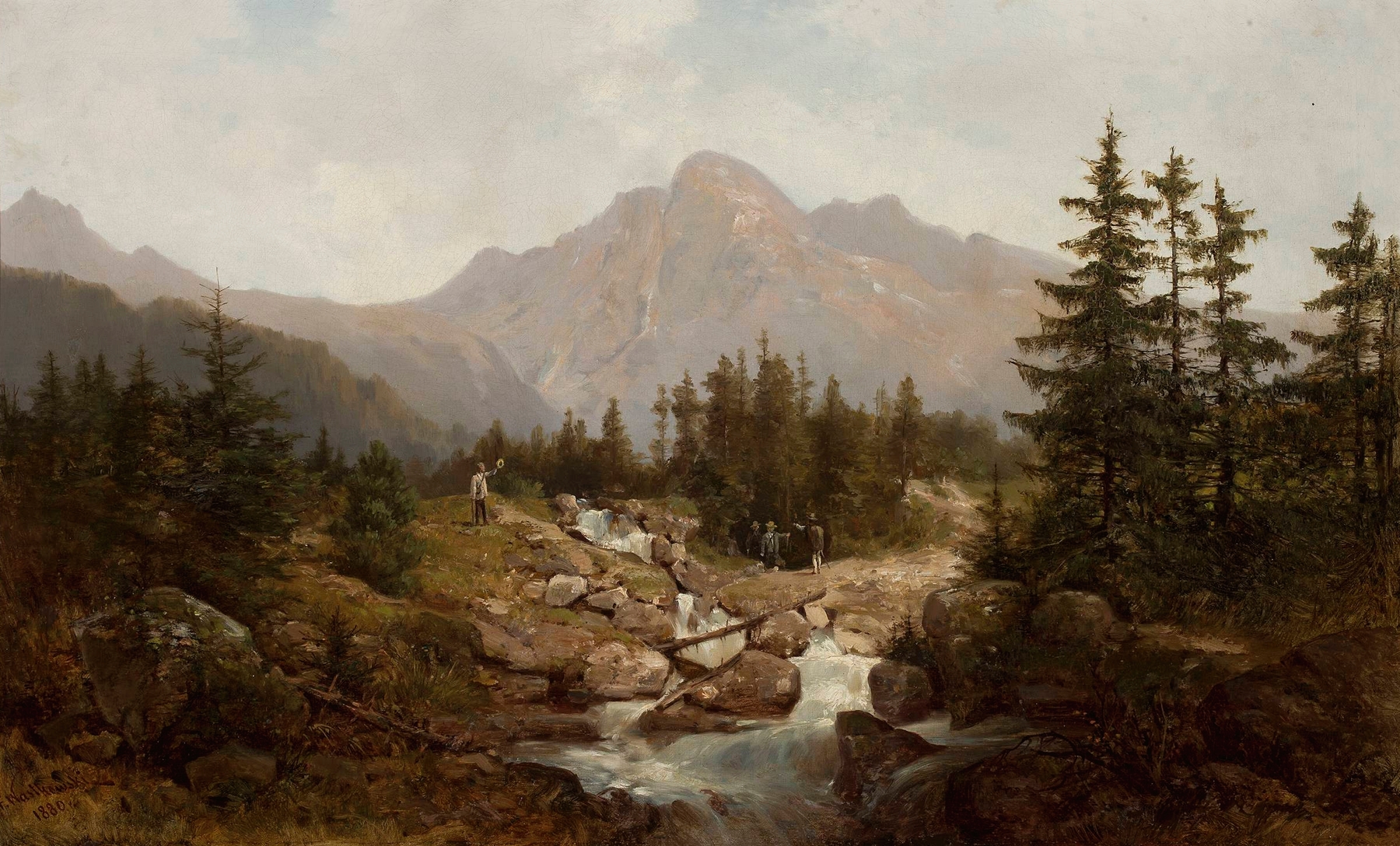 Tatra Mountain landscape by Franciszek Wastkowski, oil painting depicting snow-covered peaks and misty sky.