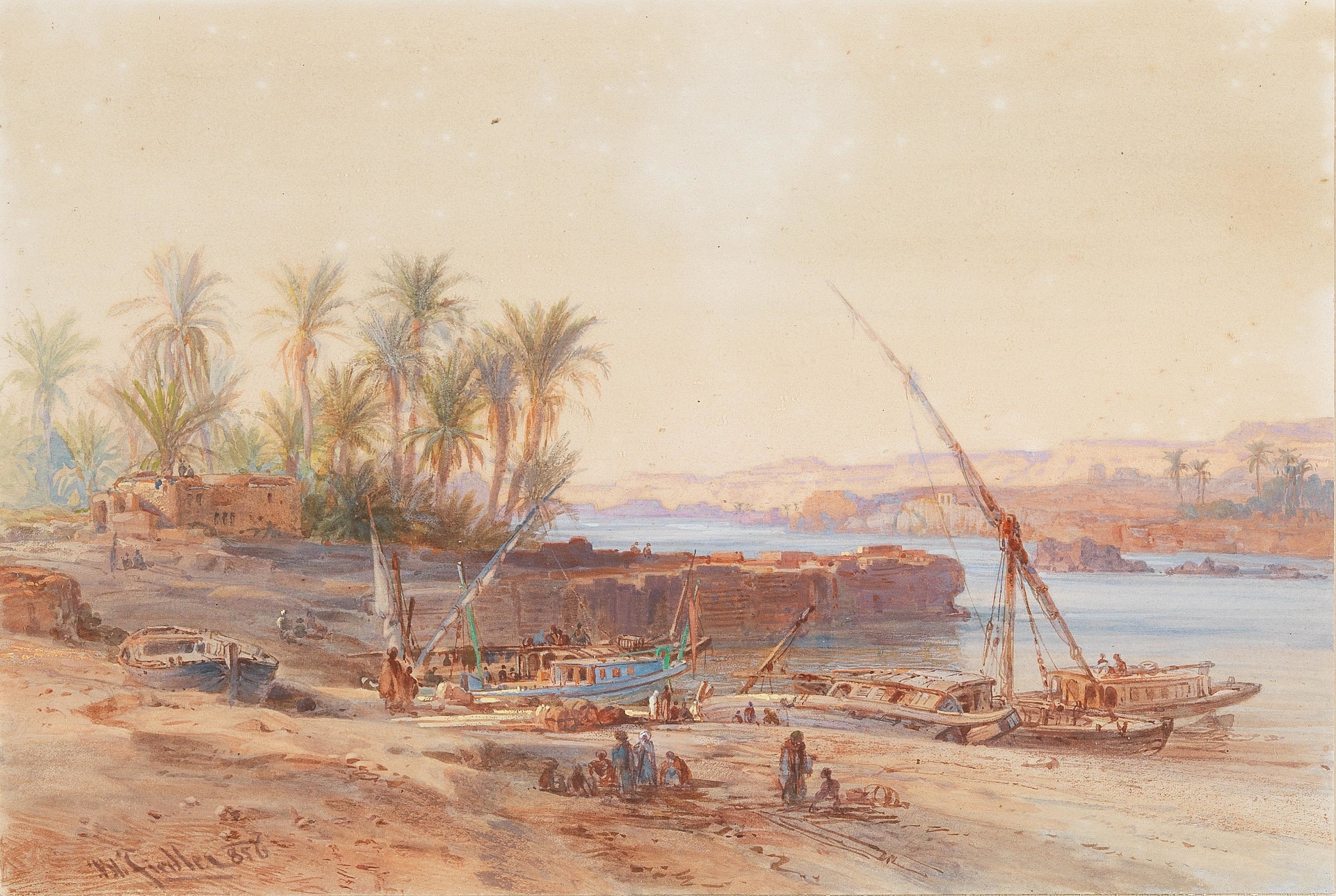 Riverboats on the Nile, oil on canvas by Bernhard Fiedler