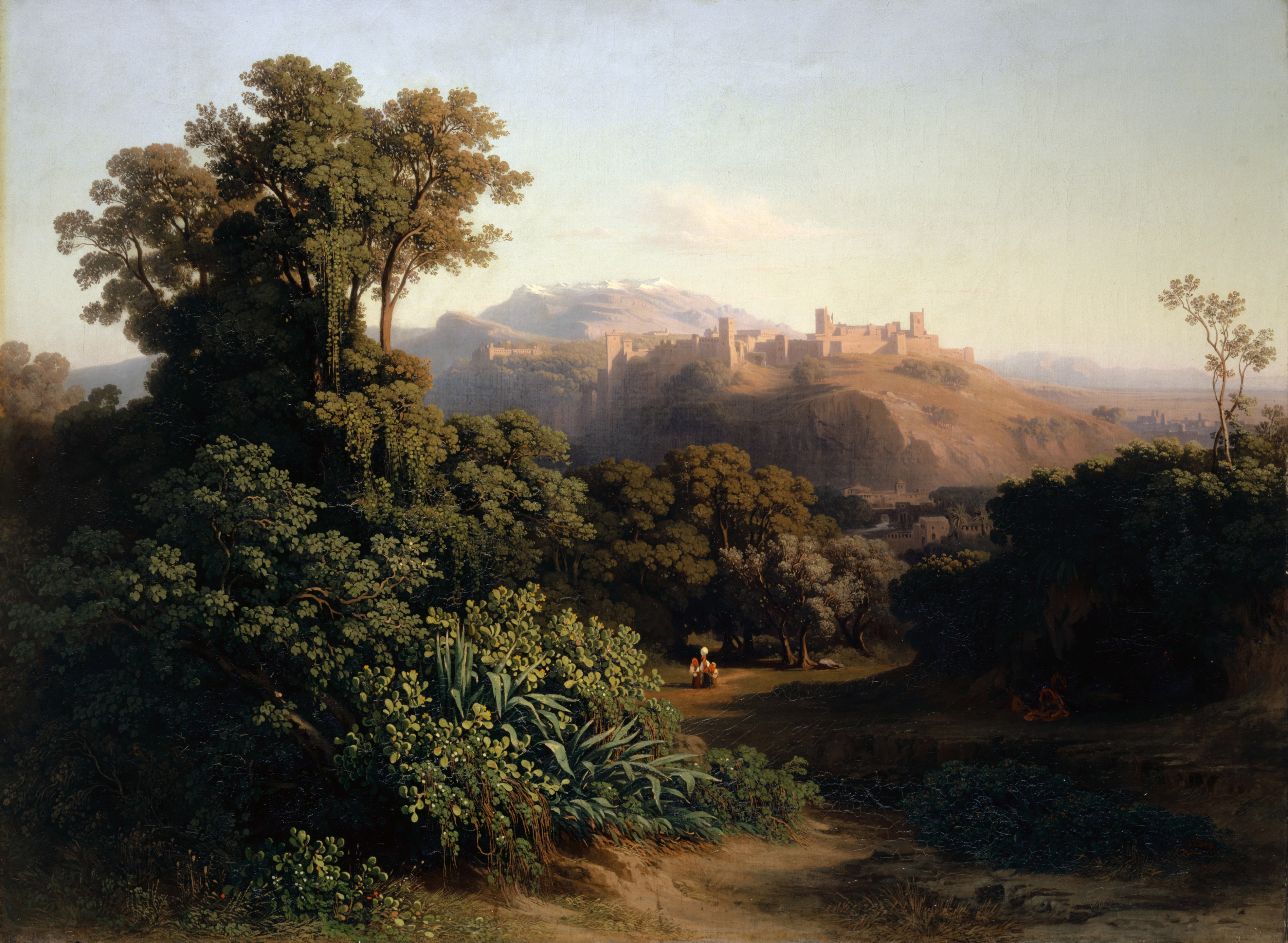 Landscape Near Granada by Johann Jakob Frey, oil painting depicting hills and fields.