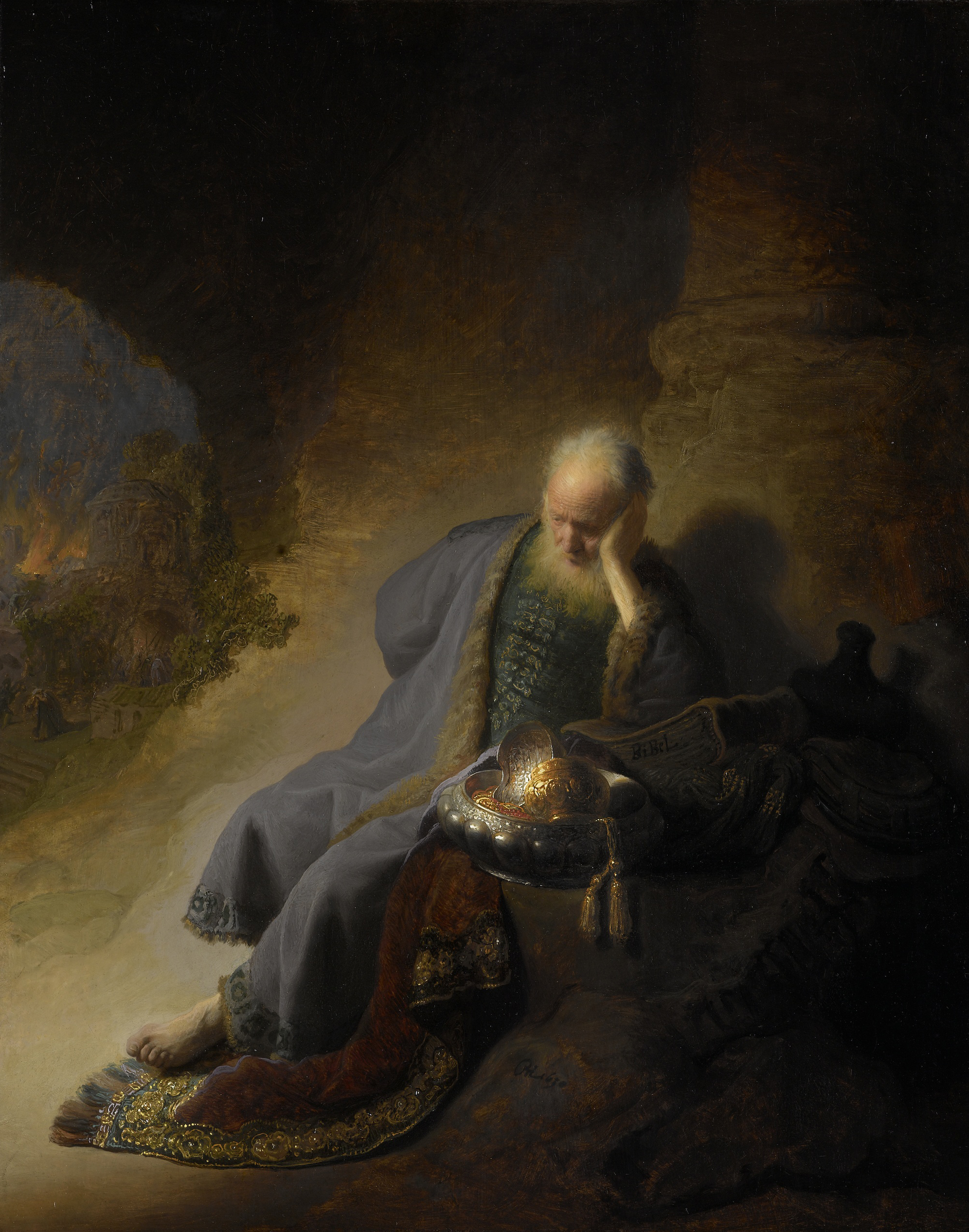 Jeremiah Lamenting the Destruction of Jerusalem, by Rembrandt van Rijn, public domain