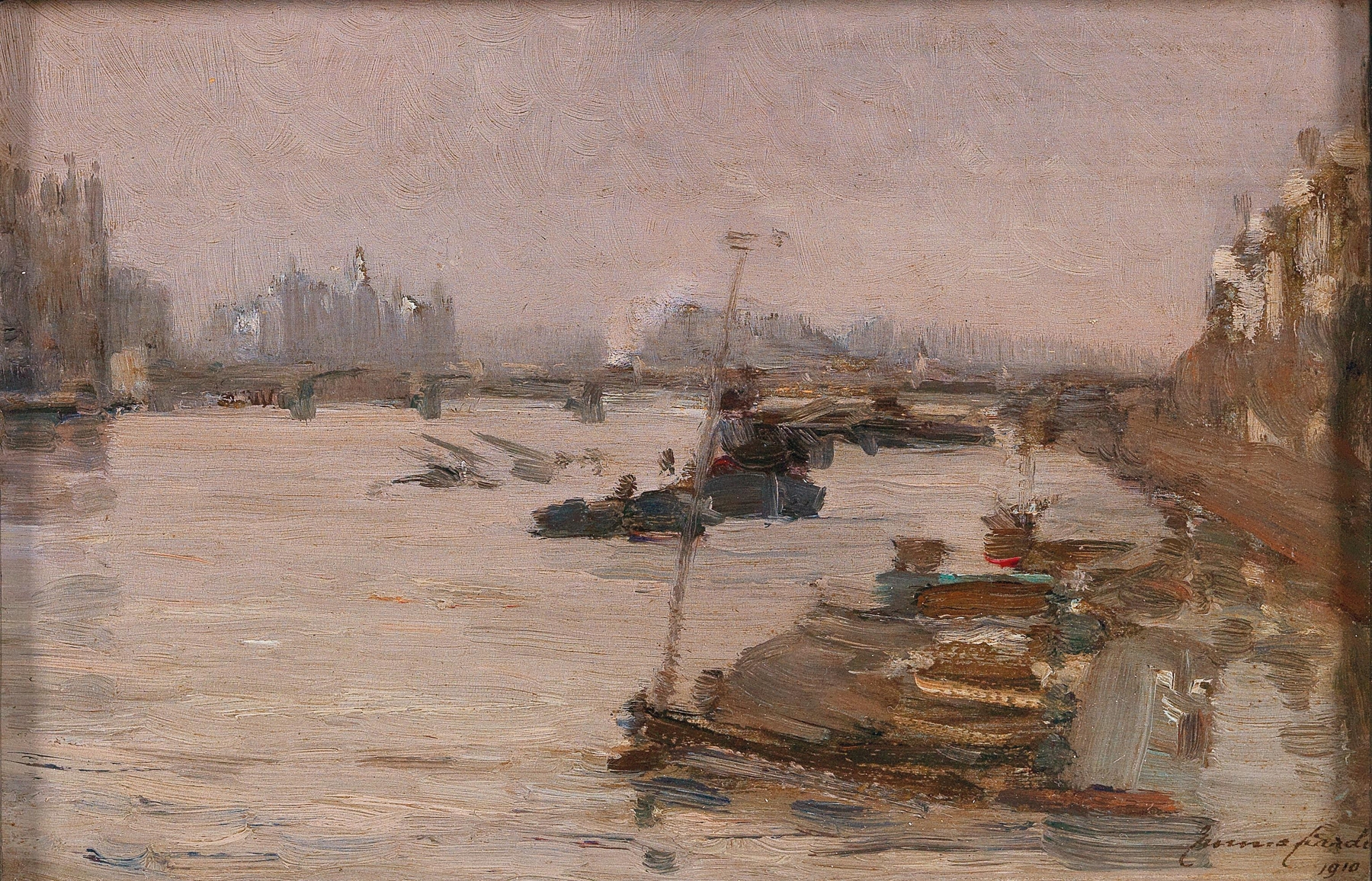 Impressionist landscape of the Thames by Emma Ciardi, showcasing water reflections.