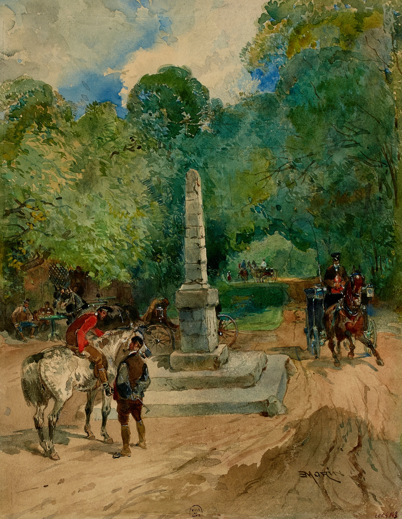 Genre scene depicting figures under trees, oil painting by Edmond Morin