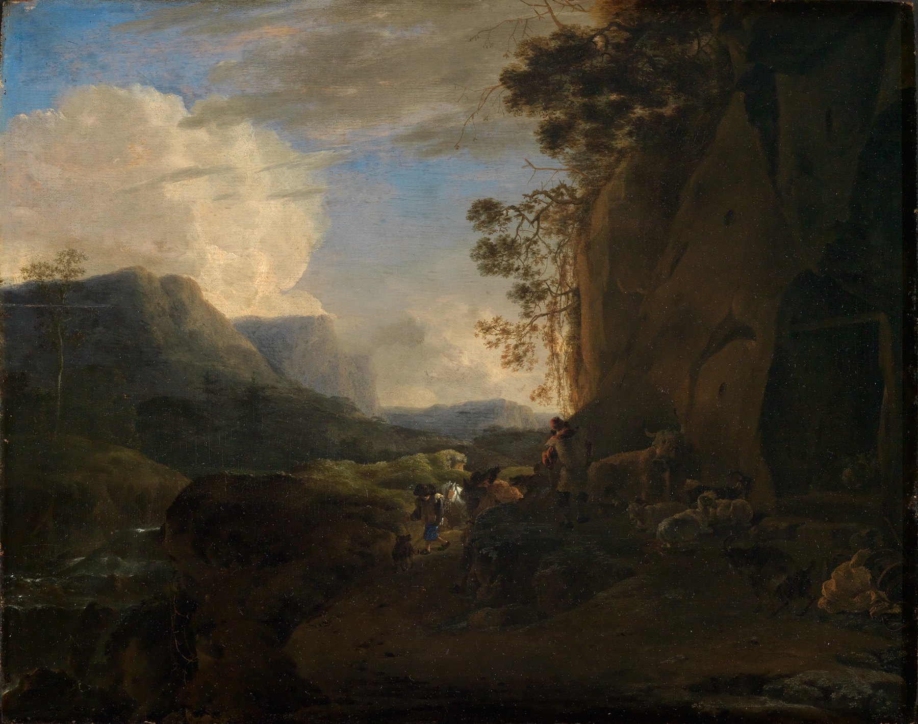 Felsiges Gebirgstal mit Bach und Hirtengruppe, by Jan Asselijn, public domain