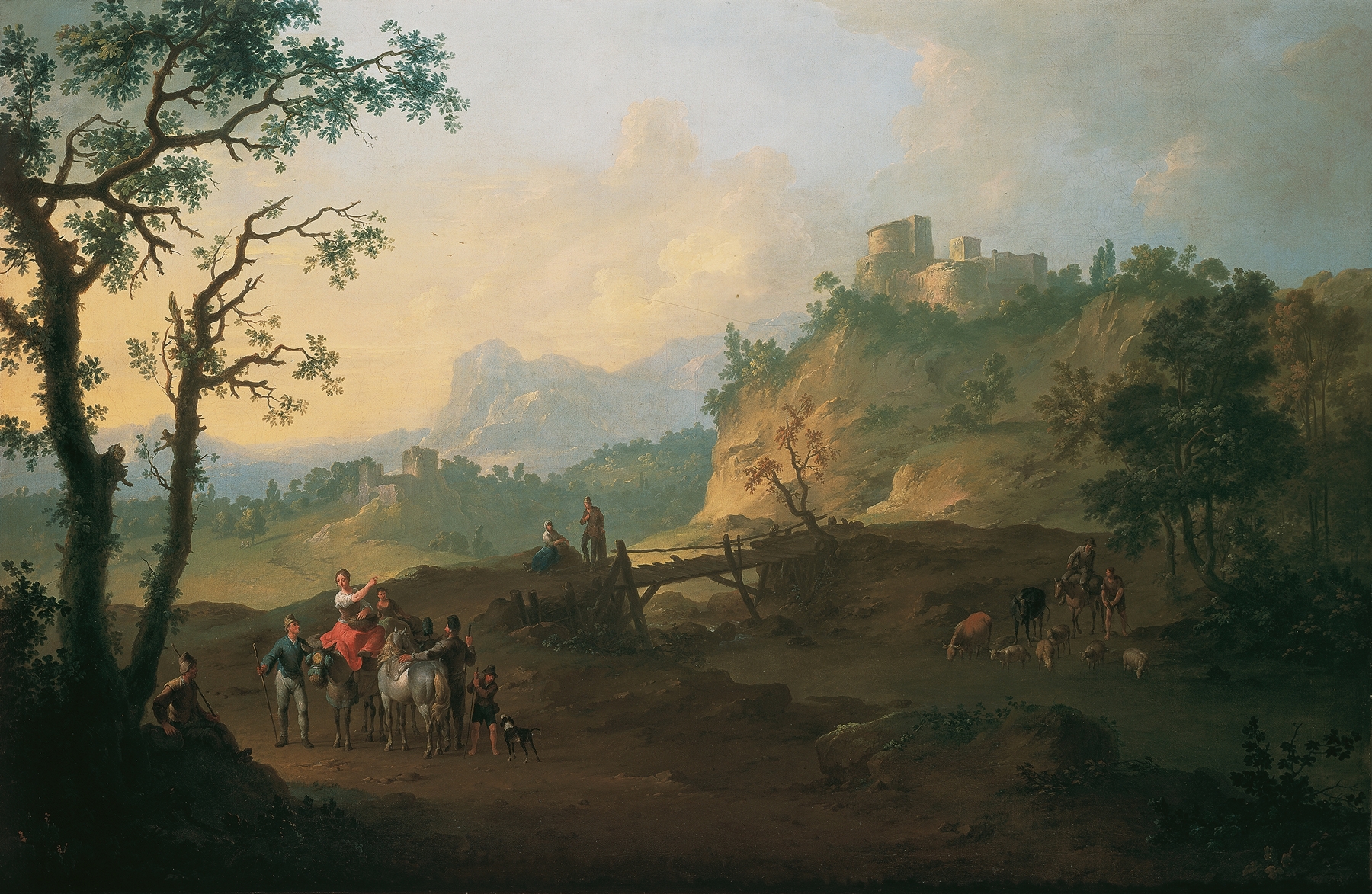 Rococo oil painting of a landscape with hills and fields by Franz de Paula Ferg