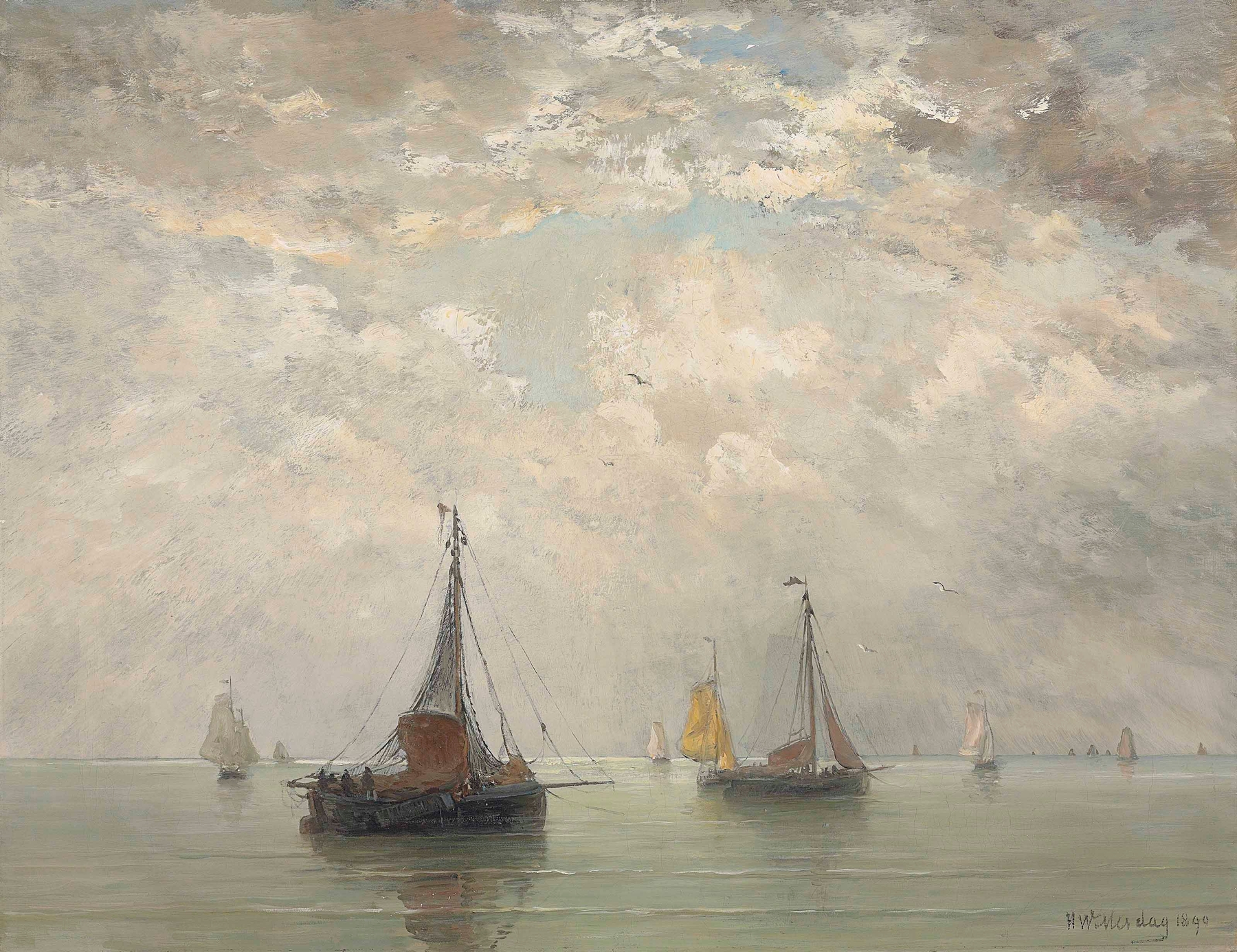 Bomschuiten in the breakers, by Hendrik Willem Mesdag, public domain
