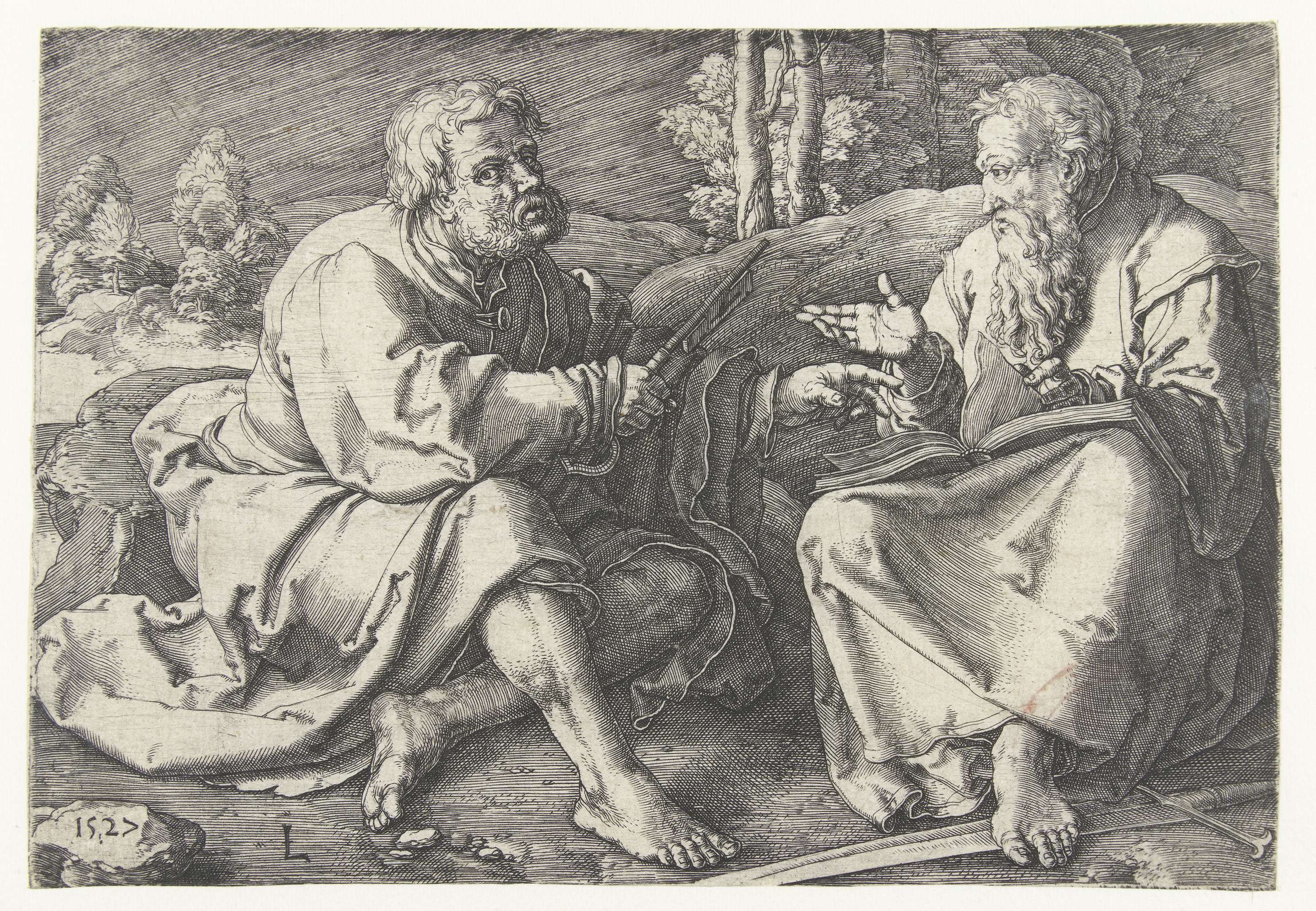 Engraving by Lucas van Leyden depicting Peter and Paul seated in a lush landscape