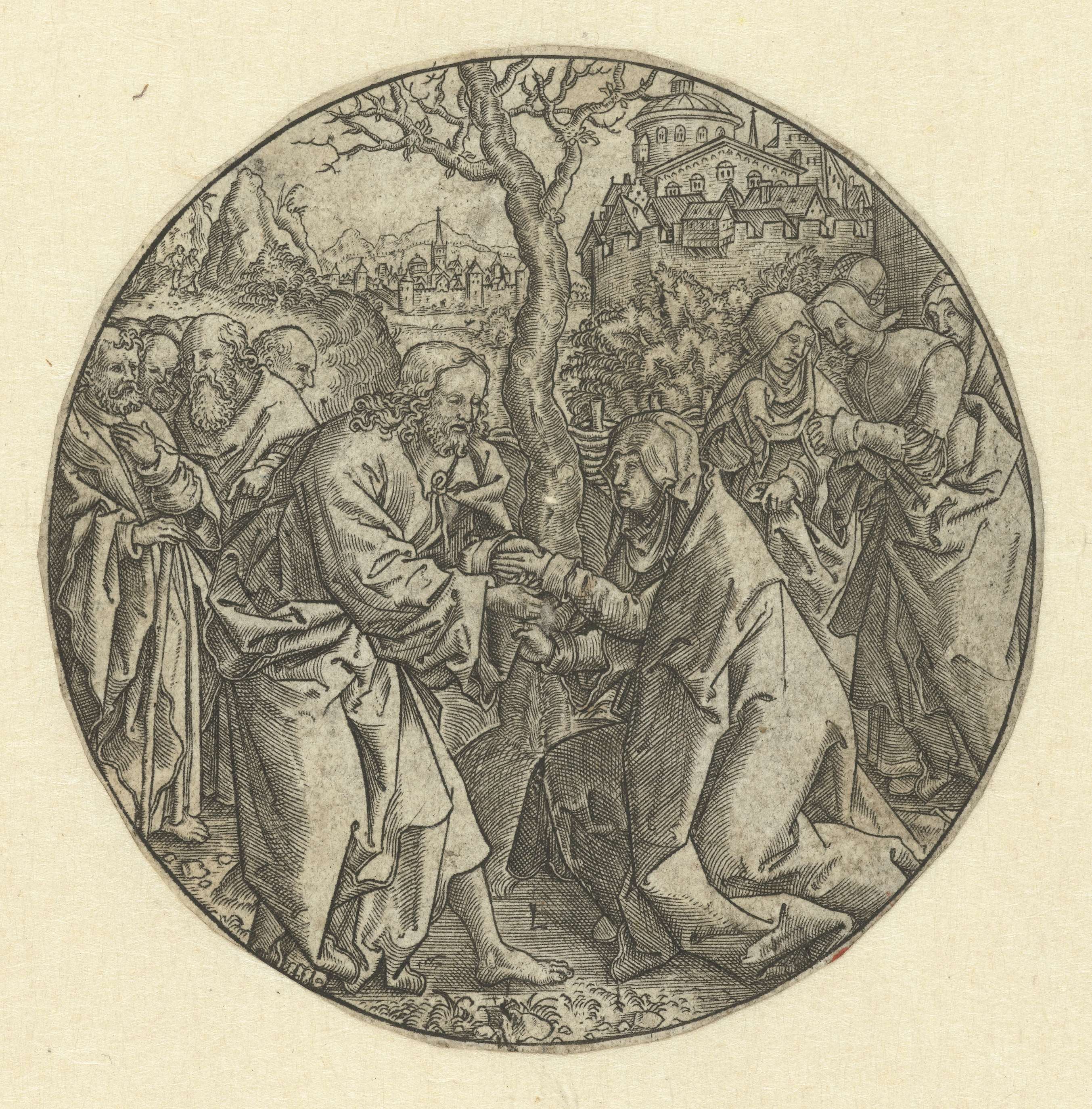 Engraving by Monogrammist L depicting Christ and Mary in a moment of separation.