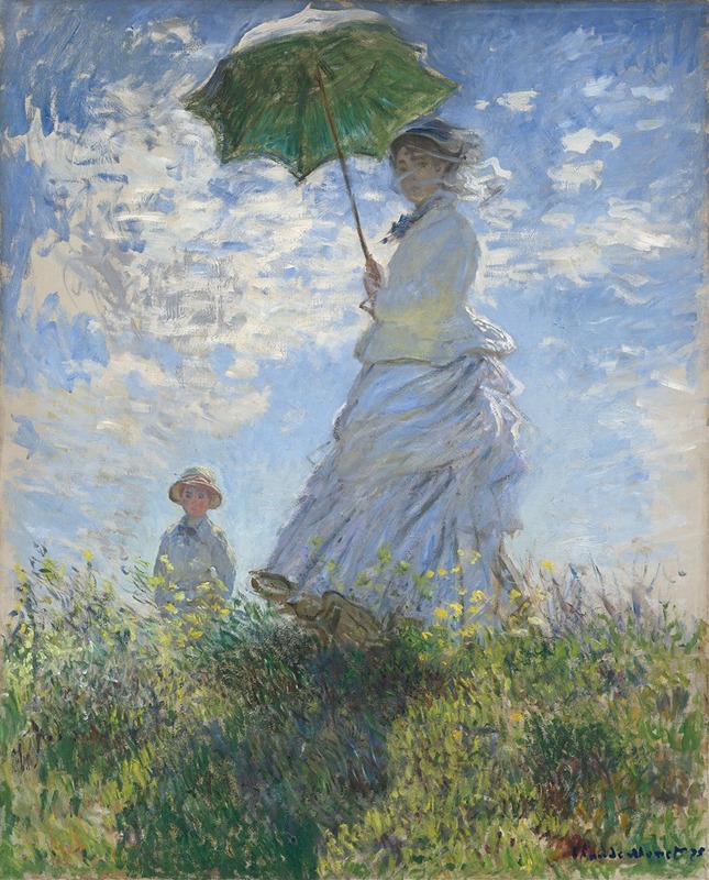 A woman and child in a sunny landscape, painted by Claude Monet.