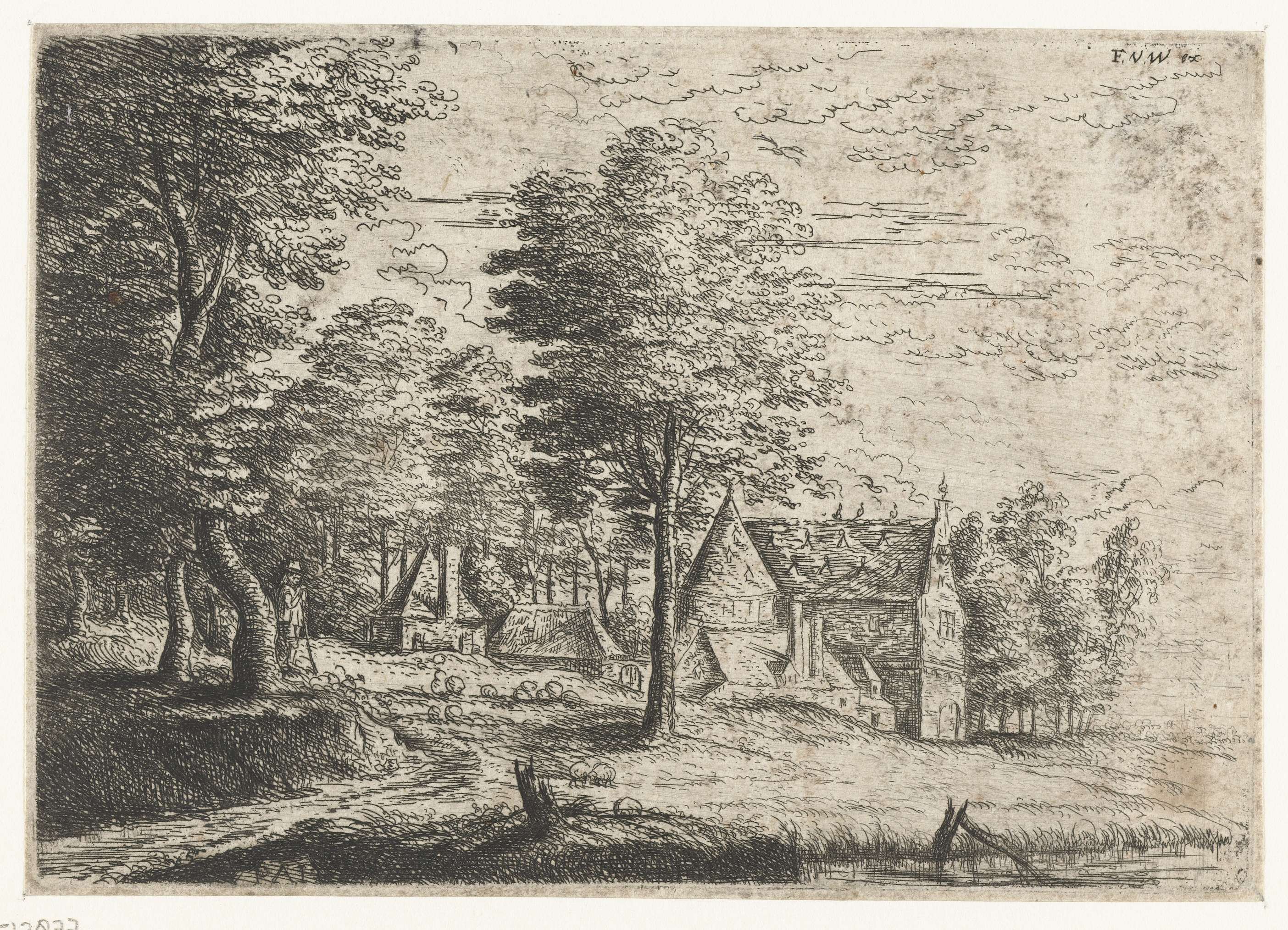 Landschap met een herder en zijn kudde, etching by Philips Augustijn Immenraet depicting a shepherd with sheep.